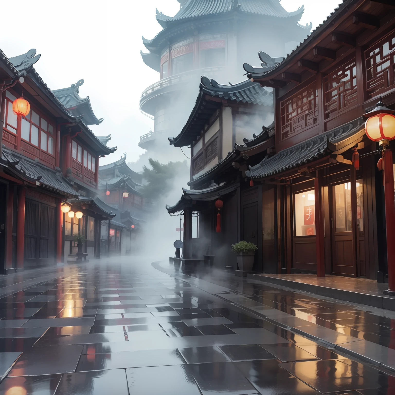 china, rain, gray blue sky, mist, town, wet, sunlight, rain