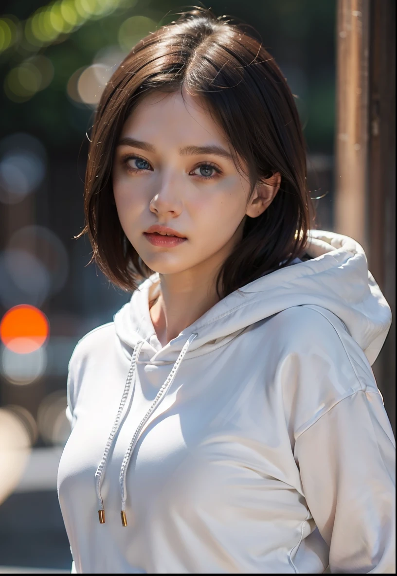 Woman, adult, brown eyes , blue eyes, white hoodie, potrait, bokeh photography, photo shoot, half body, photo studio, good anatomy, ultra realistic, light studio, small breast, golden ratio photography, 8k, bad face, cool eyes