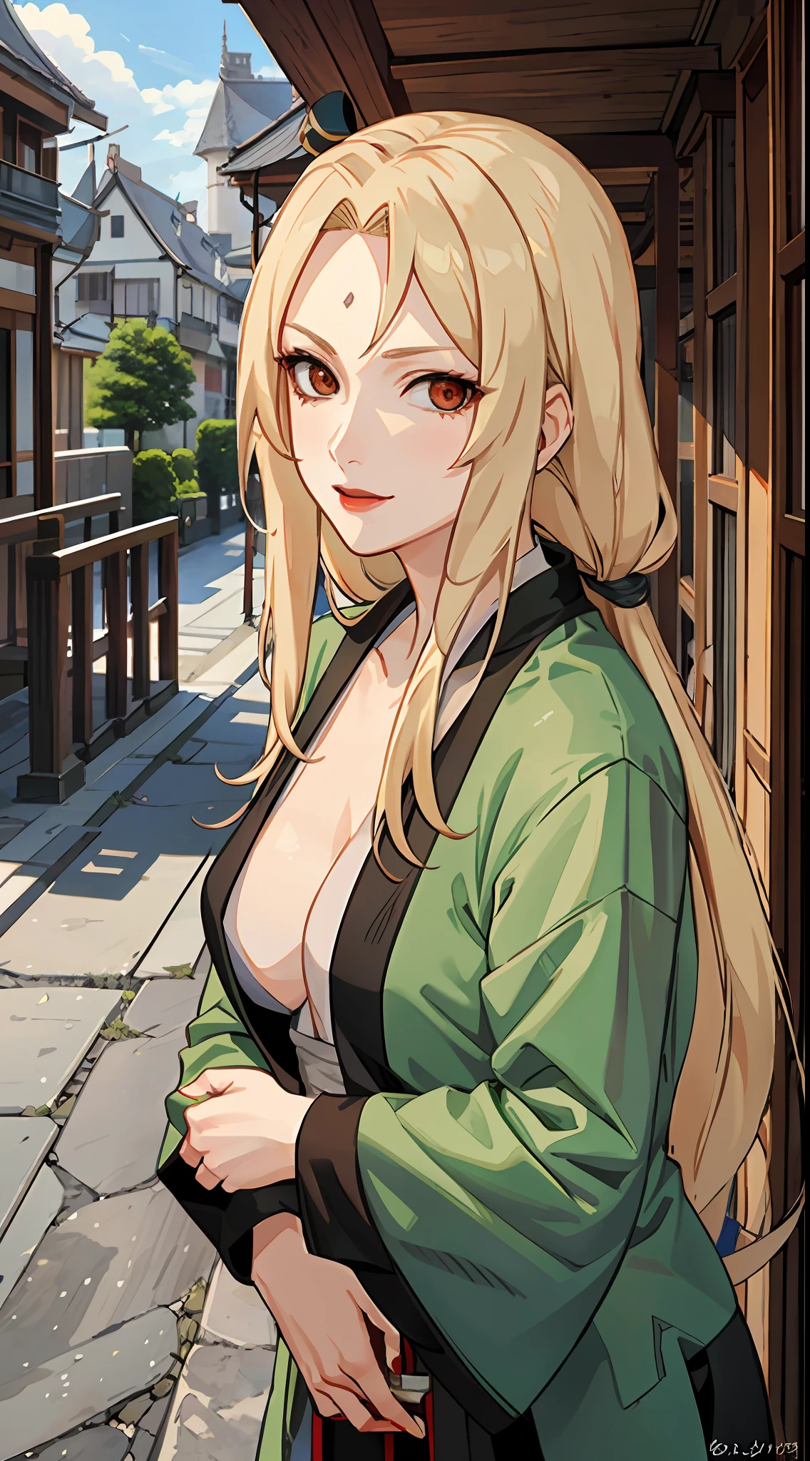 Tsunade,is shy,one-girl,blond hairbl,long whitr hair,with brown eye,Red lips,lipsticks,pub,ssmile,Be red in the face,Green coat,Close-up,drink,Piva,sitted,Portrait photo,SFW