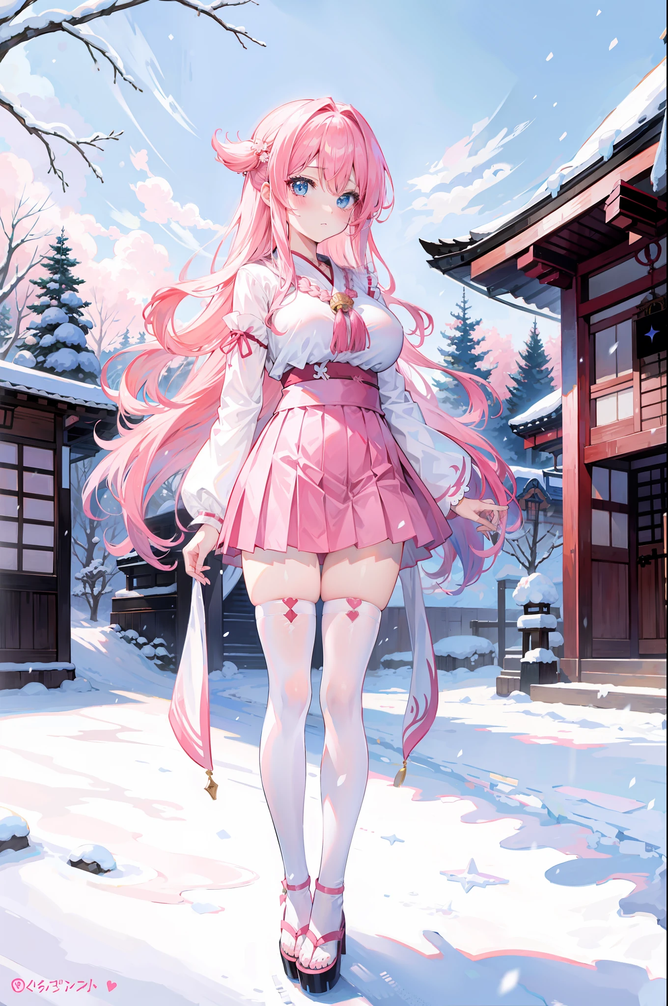 Pink hair,,anime big breast,4K,long whitr hair,Blue eyes,SakuraNS,Shrines,shrine maiden clothe,short skirt, white stockings,Ice and snow