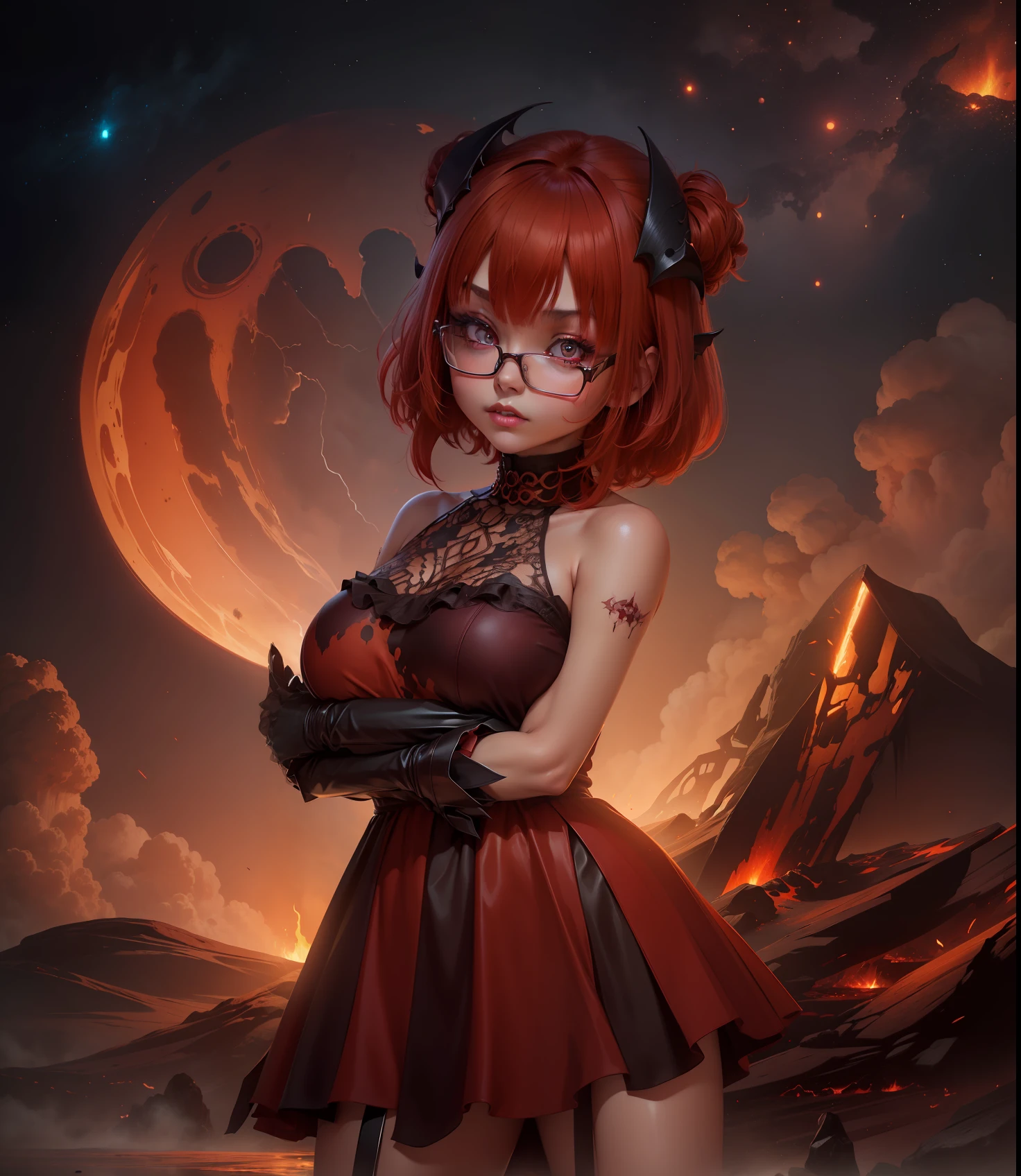 1 girl, solo, succubus, redhead hair, short hair bangs, , ablaze colors, blood red, burnt sienna, burgundy colors, burnt amber, cinnamon colors, cerulean blue color, dark orange, dark red, dark pink, dark pink colors, dark vibrant colors, flaming colors, scarlet color, neon orange, tangerine color, crustpunk, lava glow, realistic art, headshot photography, close up, gothic makeup, poppunk outfit, eyeglasses --no deformed eyes --niji --q 0.25