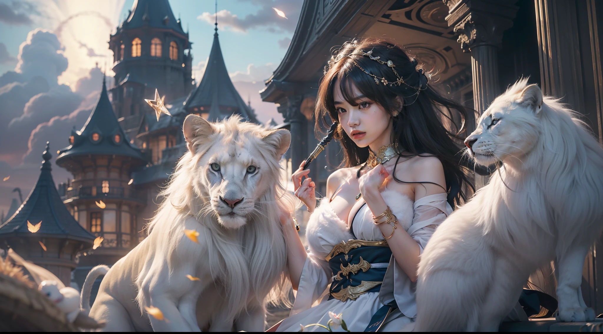 Medieval street corners,Night, Dark, (Fantasy),infinite,deep blue sky,The abyss of knowledge,Cowledge,((masutepiece)), (((Best Quality))),((Beautiful fine eyes)),(Eye lashes)、Very beautiful face、The ultra -The high-definition、Beautiful girl riding a giant white lion king、(1人)、Black hair、The long-haired、abyss eyes、glowy skin、oils、small tits、Perfect human body structure、Wizard robes、tattered cloth、Realistic coat、Tee、Super delicate CG Unity 32k wallpaper、photoRealstic、masterpiece, ((ultra-detailliert)), ((illustratio)),colourfull,wall-paper,The energy,Unknown terror,Incomprehensible,Around the magic,Magical surroundings,magic wands,Boken,Flying pages,Know everything,Predict the future、Get to know the past、Infinite wisdom、blue flames、Warlock、magic circles、Pentagram、Spells、mantra、Singing magic