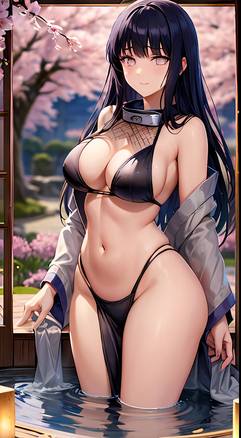 Hinata Hyuuga, a captivating vision of elegance and strength. She stands tall, radiating confidence with a seductive allure. Her slender figure is accentuated by curves that flow gracefully, captivating the viewer's attention. The gentle sway of her dark hair cascades down, framing a face adorned with mesmerizing lavender eyes, filled with determination. In the background, a serene Japanese garden envelops her, featuring blooming cherry blossoms and a tranquil koi pond. The atmosphere exudes tranquility, with a touch of mystery and hidden power. Illuminated by the soft glow of the setting sun, warm golden hues caress Hinata's figure, casting gentle shadows that accentuate her alluring charm. The lighting highlights her delicate features, creating a captivating ambiance that immerses the viewer in a world of elegance and allure