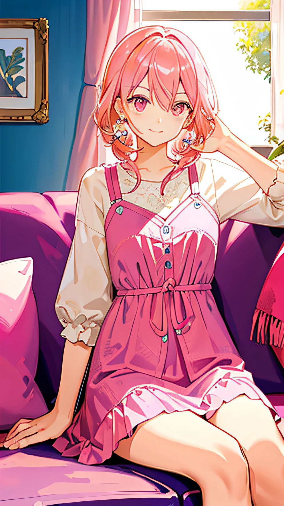 (masterpiece, best quality:1.2), (looking at viewer), happy face, pink theme, cowboy shot, sitting on sofa, indoors, sunlight, pink hair, pink eyes,