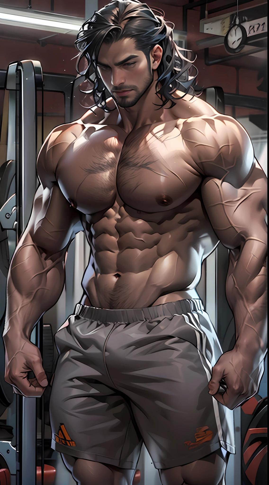 Muscular athlete, bare chest, lower body uncovered from thighs to feet, long flowing curls, meticulous muscle definition, lifelike portrayal, 4K quality. Background: Modern gym with exercise equipment and mirrors,32k uhd, best quality, masterpiece, super detail, high details