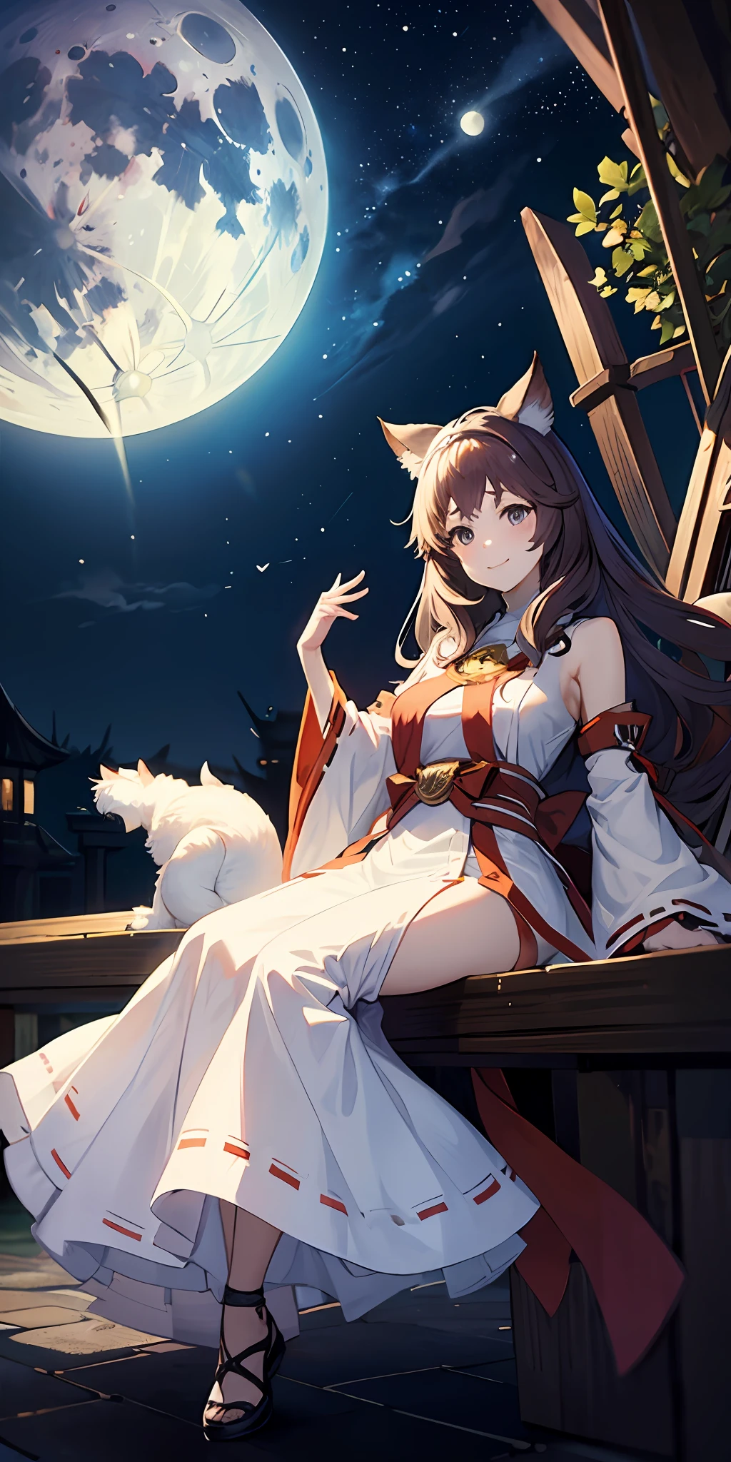 miko, 1 cute girl with cat ear and cat tail, granblue fantasy style, full_body, from_above, leaning_forward, girl,woman,female, young,20 years old, smile, large_breasts, night, moon,Master piece,Ultra quality