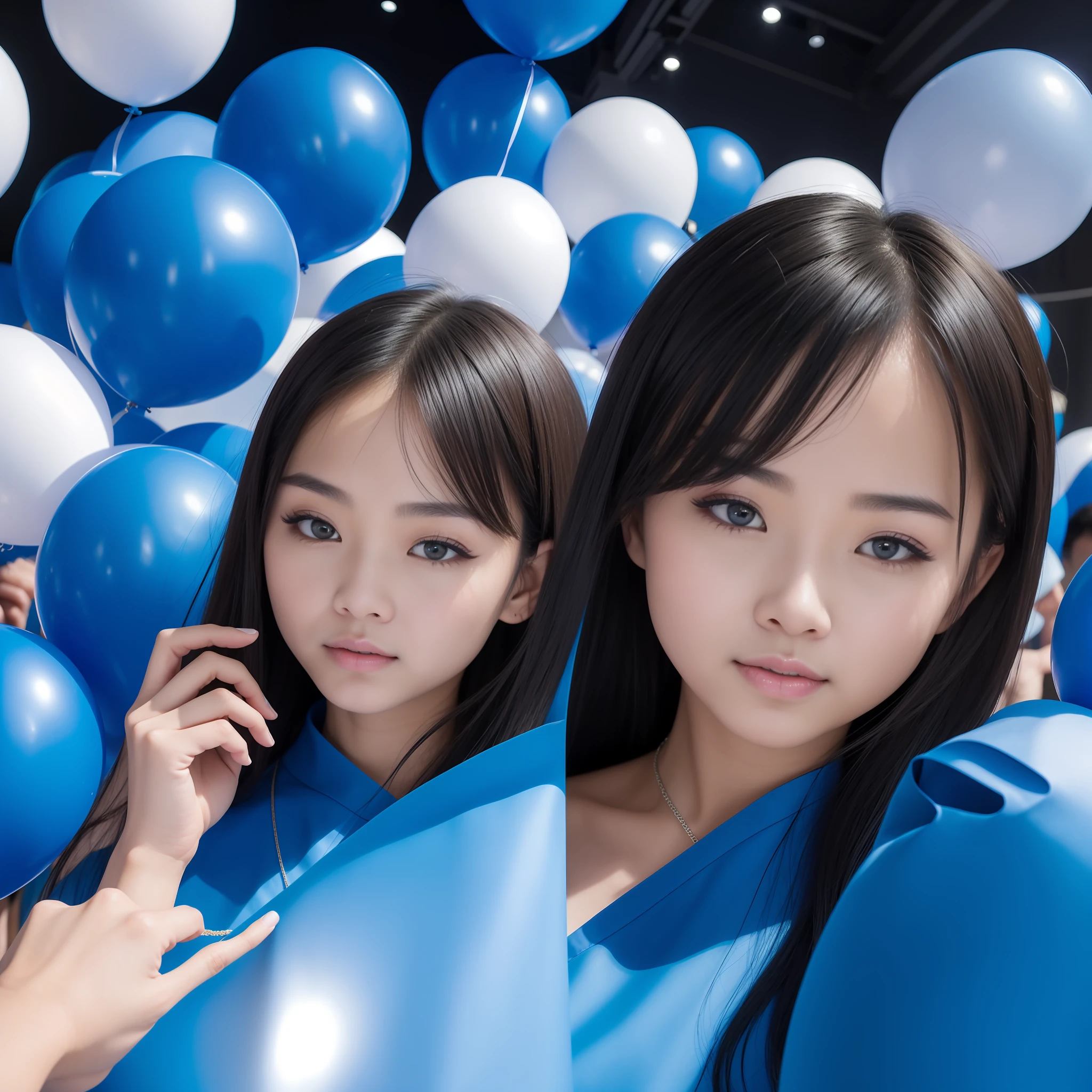 Best quality at best，8K分辨率，inside in room，In the daytime，Blue lights are bright，A big stage with many scenes for many people，Opening ceremony，Balloons and confetti in hand, mingchen shen, Mu chain, opening shot, identical, mu pan, author：Fumi, photo from 2022, image, lei min, masterpiece', merging, mscow, m, Master, exploitable image, Men, opening, blue backdrop, The distance is farther，“wide shot，Highly detailed facial and skin texture for everyone, Delicate eyes and facial features，Everyone looks at the camera，Light and shadow details