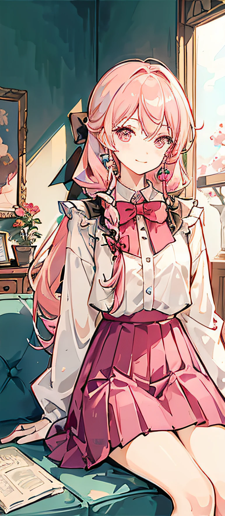 (tmasterpiece,best qualtiy:1.2),(looking at viewert),Happy face,dual horsetail,Superskirt,Pink theme,cowboy lens,sitting in the couch,inside in room,rays of sunshine,with pink hair,a pink eyes,