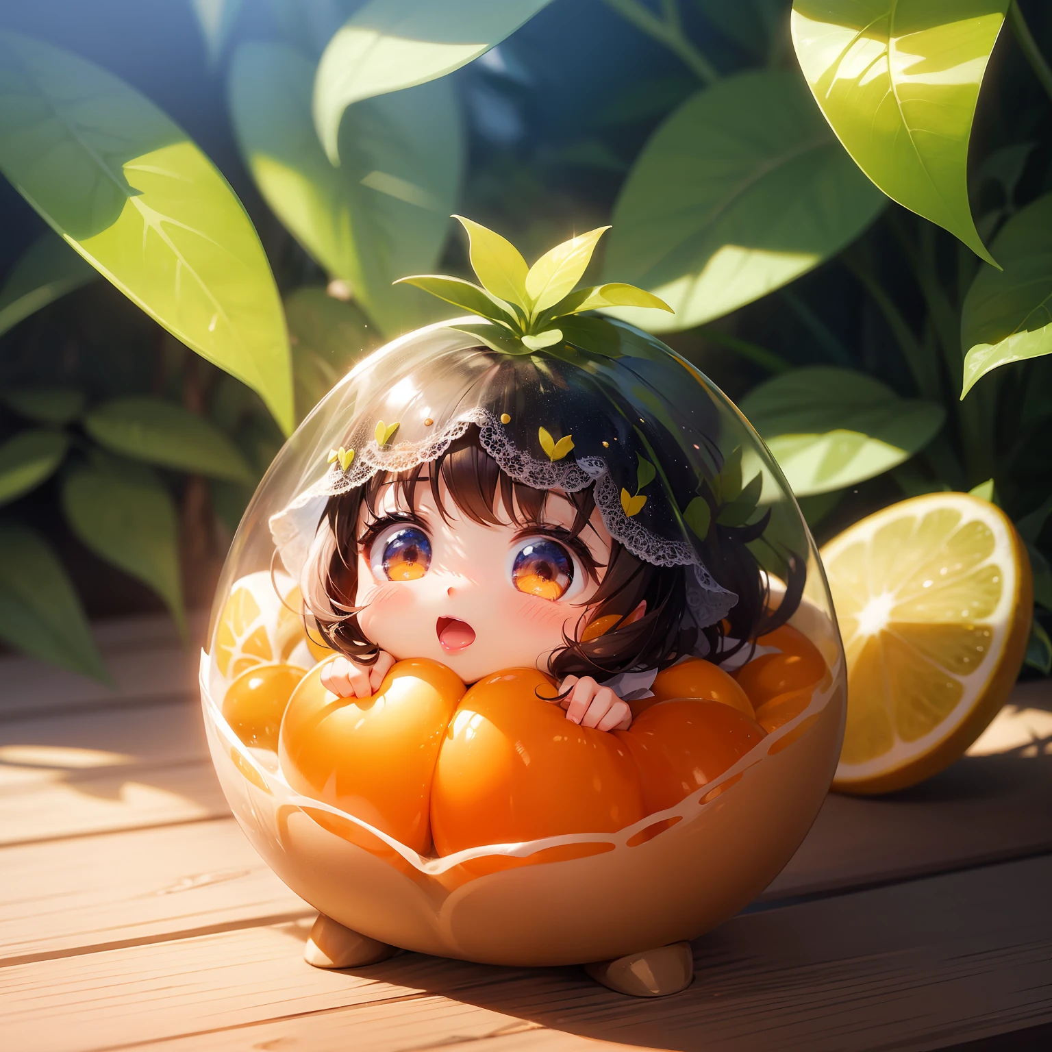 (Very cute and delicate CG illustration、Ultra detailed and super high quality)、Best Illumination、Best Shadows、So cute and adorable cu73cre4ture(religion)、Yuzu mikan animals、Big round eyes and small cute mouth、vibrant and vivid colors、dynamic ungle、dynamicposes、floating、In a magical and enchanting place、It has lush vegetation and bright flowers。