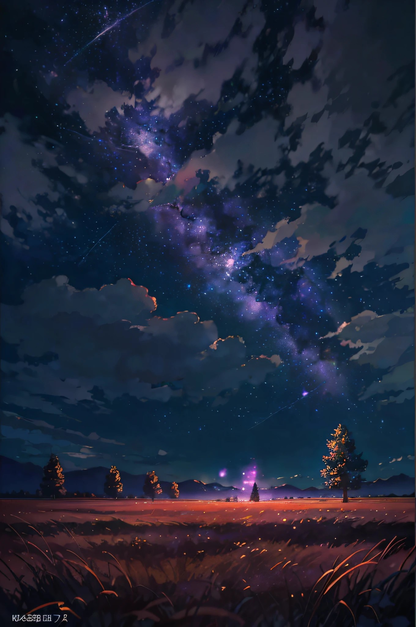 starry night sky with a couple of trees and a field, endless cosmos in the background, cosmic skies. by makoto shinkai, starry sky 8 k, calm night. digital illustration, anime background art, 4k anime wallpaper, beautiful anime scene, starry sky, moonlit starry sky environment, anime art wallpaper 8 k, anime art wallpaper 4k