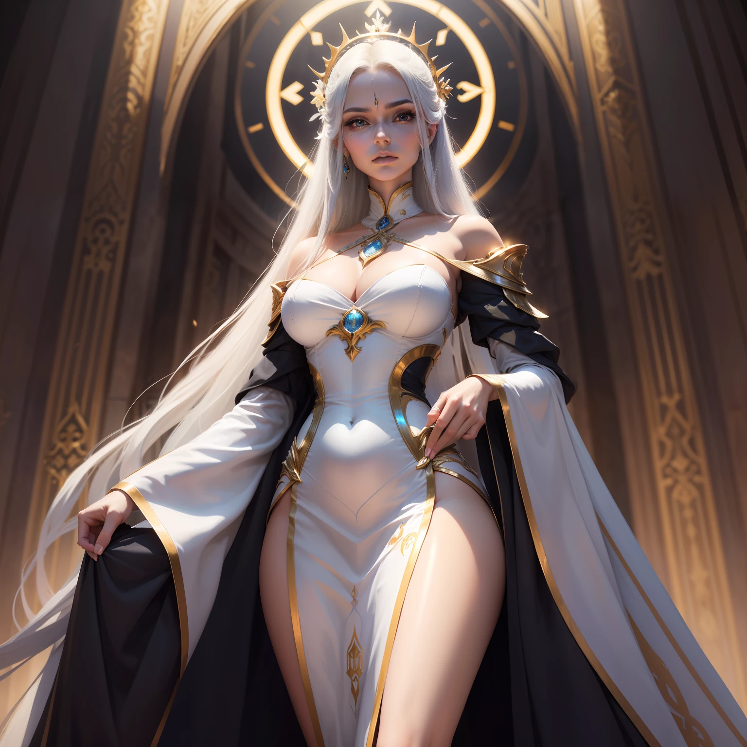 Isadora Astralys is a tall woman, esbelta e graciosa, com cabelos negros, olhos azuis e pele luminosa. She has a serene expression and a confident posture. Geralmente, wears elegant, formal clothing that matches his position as a Celestial Strategist and respected leader in Verídora. His imposing presence reflects his keen intelligence and strategic skills essential to the success of the company's business and the protection of the kingdom.