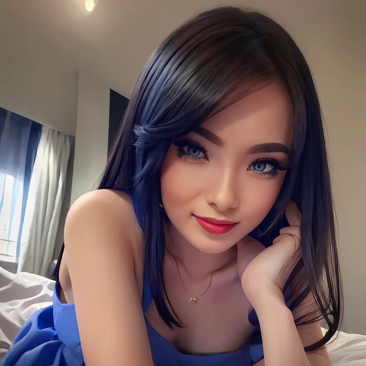 woman, Wearing blue marine short dress, in the bedroom, beautiful face, perfect face, red nails, smile, black long hair, beautiful eyes, masterpiece, best quality, photorealistic