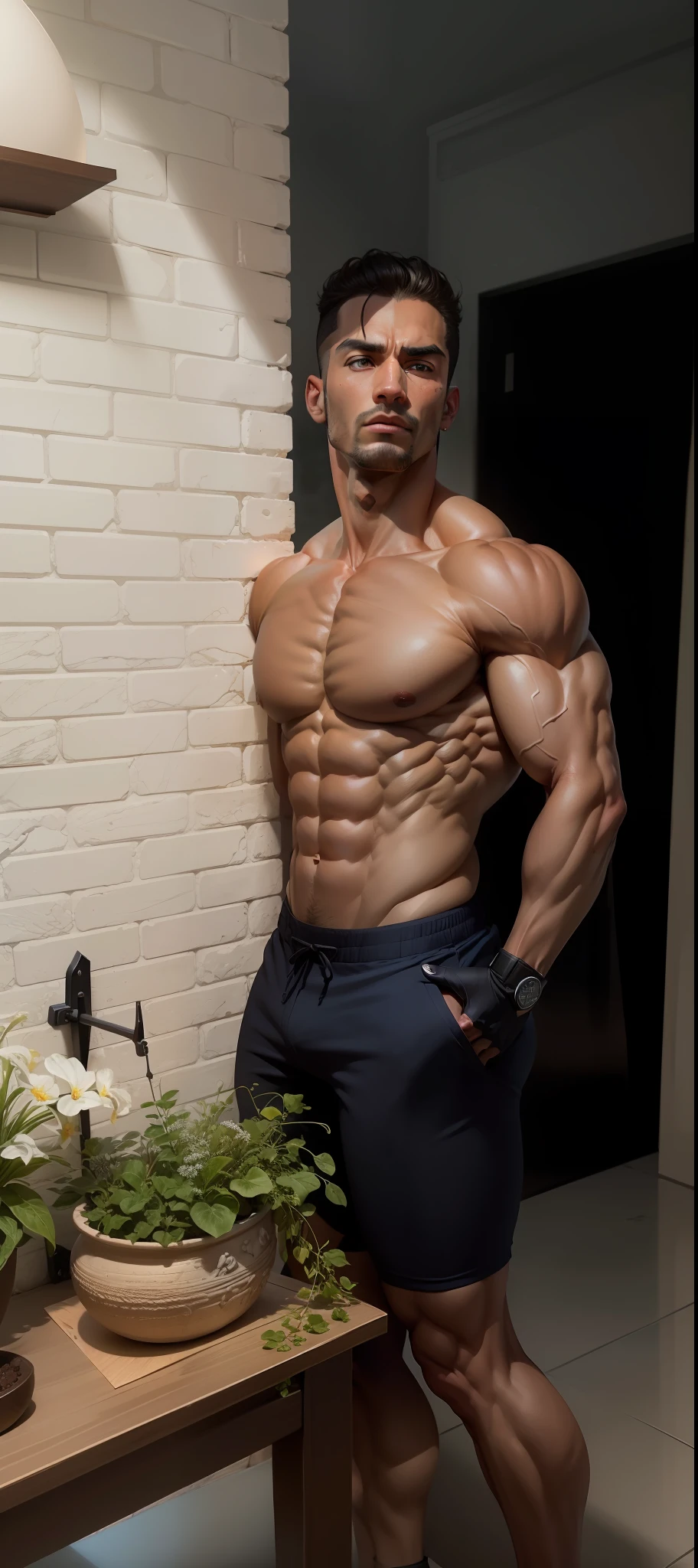 "(obra-prima) qualidade suprema, perfectly sculpted muscles, ultrarrealismo, incredible details, 8K Technique, Extremely sharp focus, fisiculturismo."