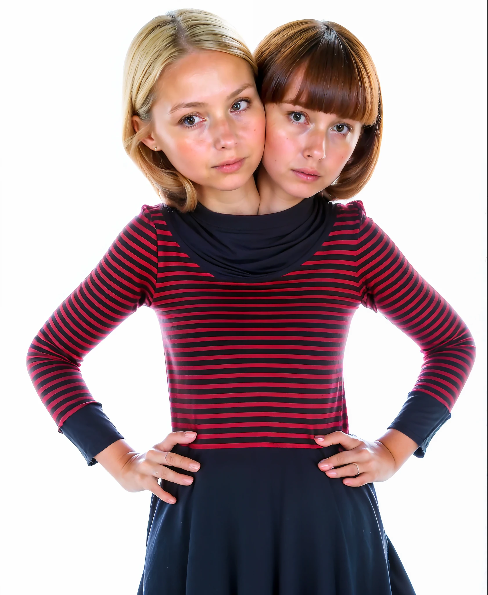 2heads, two headed girl, (mom and daughter attached to each other:1.5), (left head is a child:1.5), (one torso:1.5), (female:1.5), (blonde:1.5), (two heads attached to one body:1.4), conjoined twins, heads side by side, one body, young, uncomfortable, barefoot, bare breasts