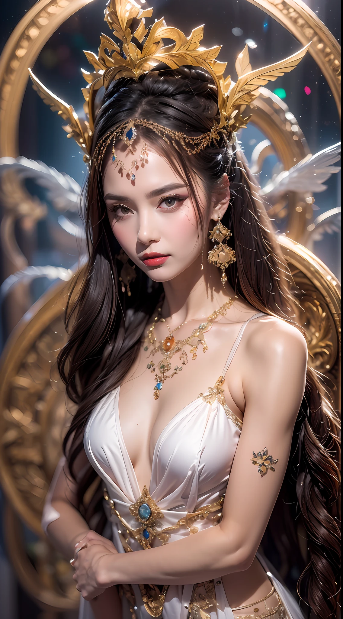 A lustful beautiful saint is fucking, showing off her topless breasts, her beautiful face is flawless, ((Natural smile:1.0)), ((flat bangs:1.2)), (((long hair)) : platinum:0.8 ))) big crown, hair brooch, hanfu skirt, fanciful hanfu style, full body jewelry, forehead tattoo, super flat chest, woman face, face makeup fine delicate, beautiful face, (((including porcelain teeth: 0.8), most beautiful and detailed light red lipstick, huge breasts, super round and balanced, (((Full and thin lips: 0.3) )), ((Yellow eye color: 1,2), Detailed and delicate lighting effects, light and dark, light impression, magical light, detailed light, true color, super sharp, realistic, quality 8k volume, fanciful cosmic background, saintess and fanciful space, the most detailed image, ((Solo:0.3)), ((holy goddess:0.6)), (( look at). straight to the body top of saintess:0.4)), upper body, ((smooth skin:0.5)), ((solo:1.3)), ((( alone girl : 1.3)), saint portrait, short photo, Full body portrait, (((open mouth:0.6))), Digital reality, ((fanky red smoke effect:1.2)),