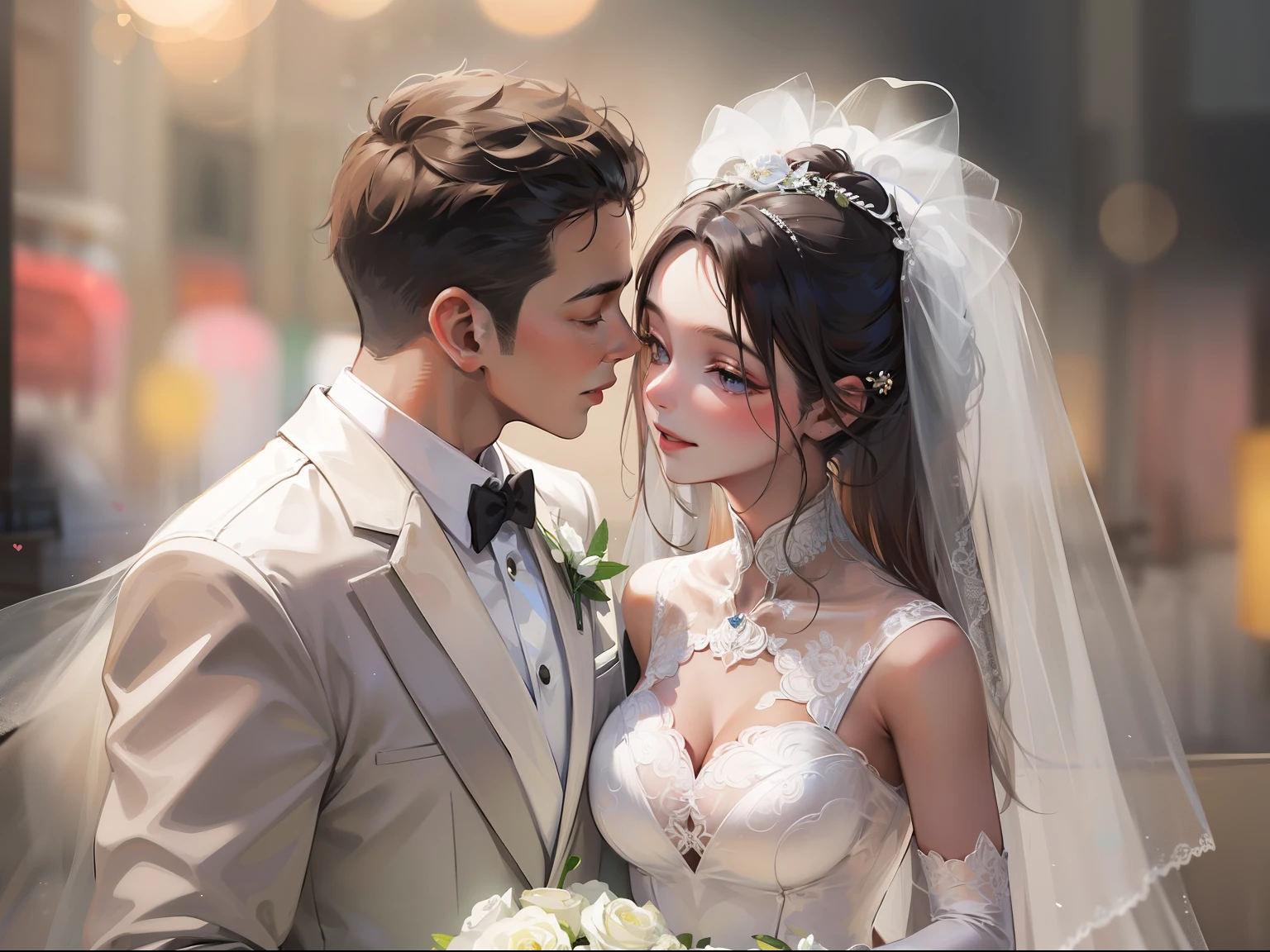 Groom and bride,Wedding,bust,ssmile,Blur the heart background