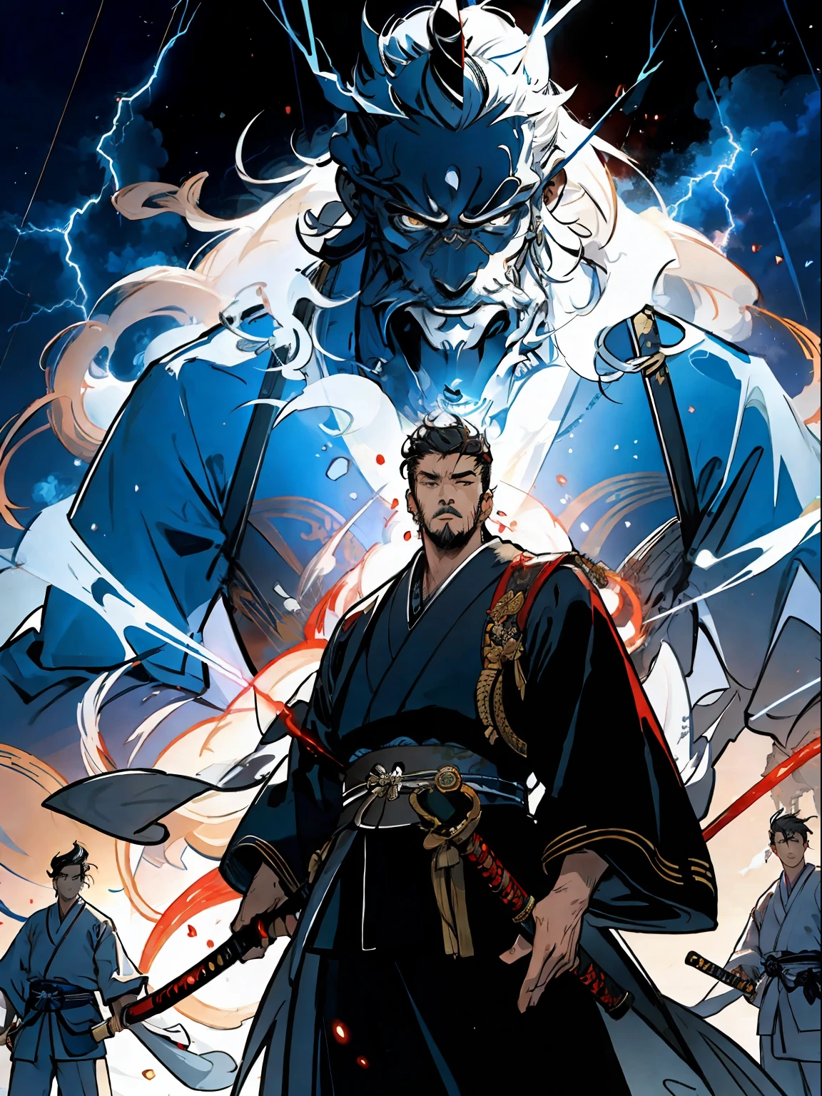 Need),Background of details,Oriental nobility,Male samurai,Fighting arts,Holding a halberd,Ghosts,Monsters,.Lightning surged around them,Surrounded by lightning particles