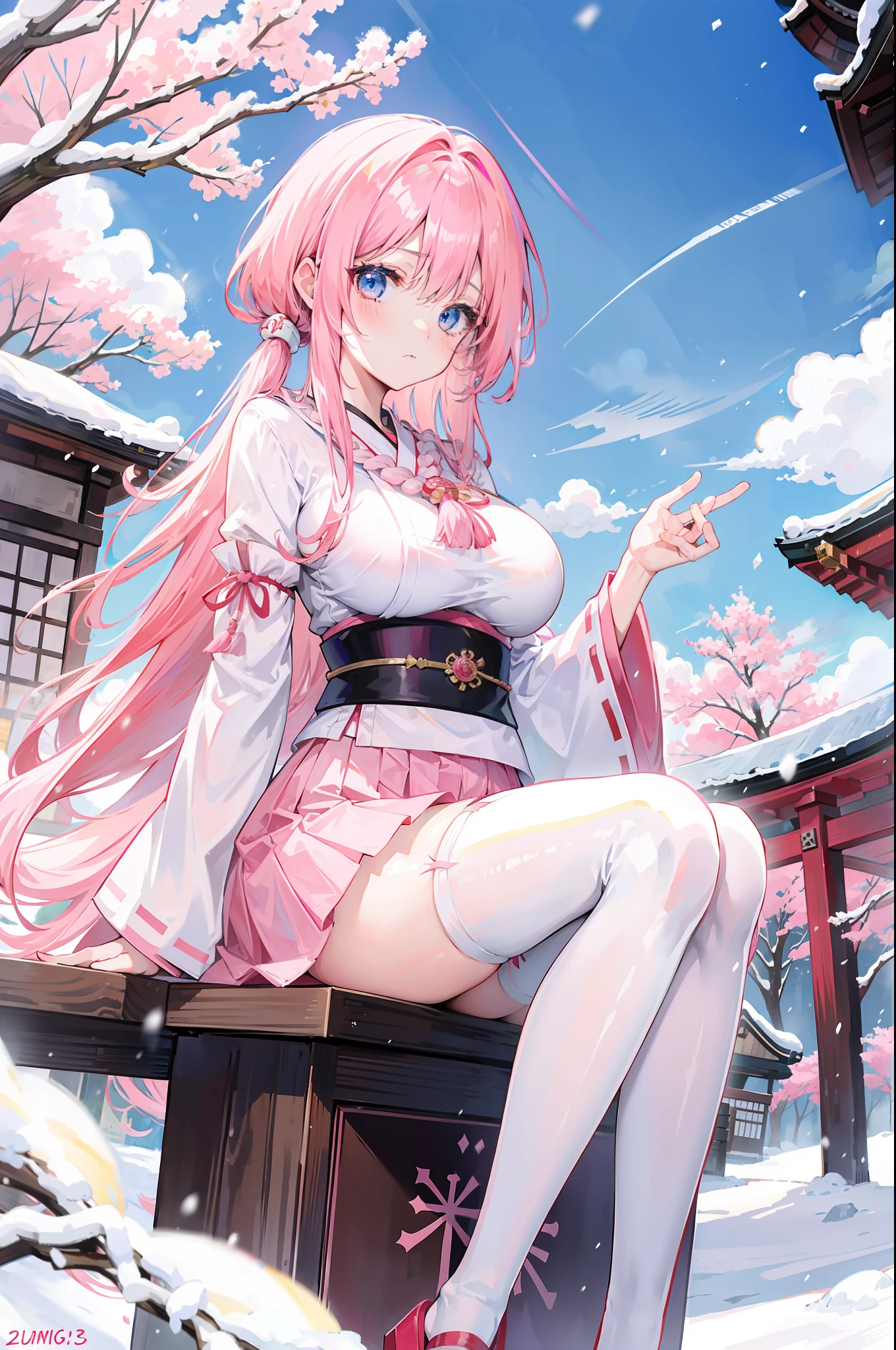 Pink hair，，anime big breast，4K，long whitr hair，Blue eyes，SakuraNS，Shrines，shrine maiden clothe，short  skirt， white stockings，Ice and snow