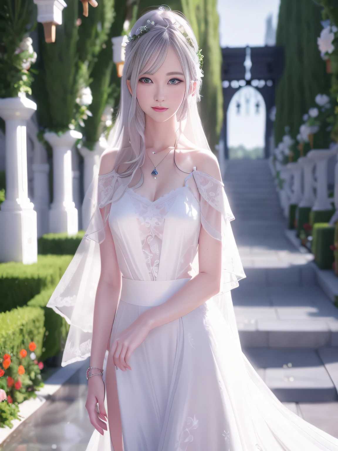 White-haired blue-eyed woman in wedding dress posing for a photo in the garden, elegant cinematic pose, beautiful teenage girl, realistic fantasy rendering, ((a beautiful fantasy empress)), 3 D rendering character art 8 K, detailed cinematic rendering, beautiful and elegant elf queen, a beautiful fantasy empress, unreal engine rendered + A goddess, elegant photorealistic cinematic, 8 k cg render, dreamy and detailed