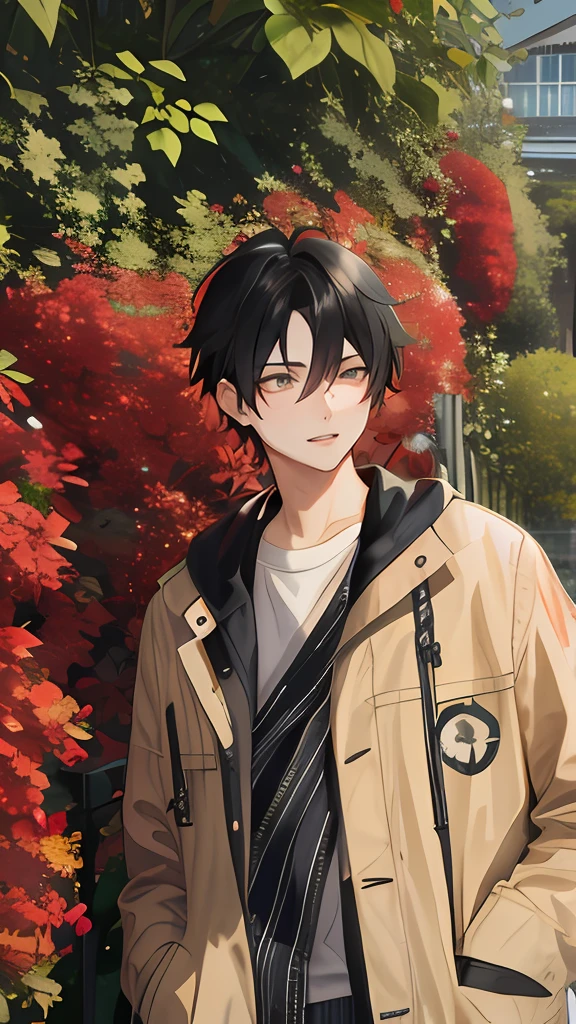Anime boy standing in front of a tree in a jacket, Handsome anime pose, young anime man, Male anime style, Anime portrait of a handsome man, Guviz-style artwork, Anime handsome man, male anime character, 🍁 Cute, handsome guy in demon killer art, made with anime painter studio, Style anime, makoto kano