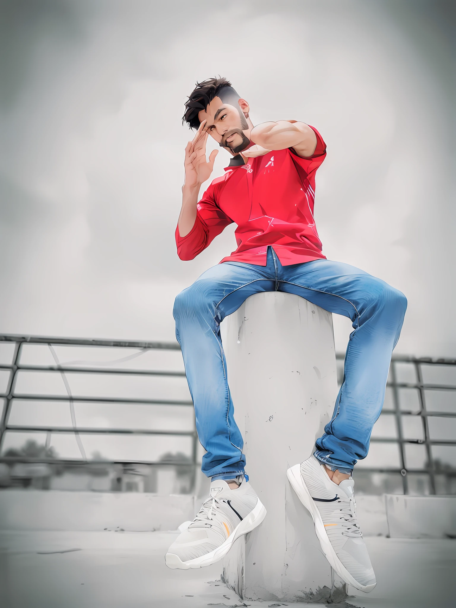 Best quality, masterpiece, ultra high res,detailed background,realistic,illustration,from below,full body,solo,1boy,muscular male,beard,sneakers,basketball,muscular,facial hair,volumetric lighting,depth of field