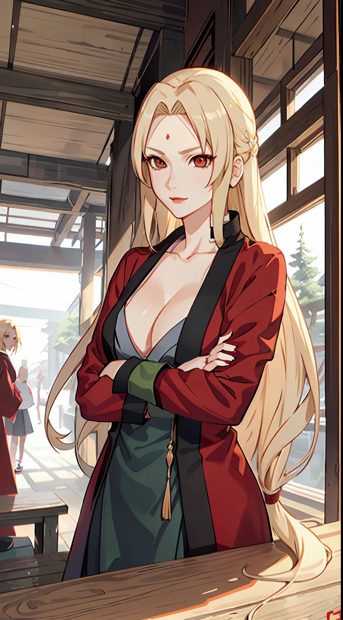 Tsunade，is shy，one-girl，blond hairbl，long whitr hair，with brown eye，Red lips，lipsticks，pub，ssmile，Be red in the face，Green coat，Close-up，drink，Piva，sitted，Portrait photo，Upper body photo