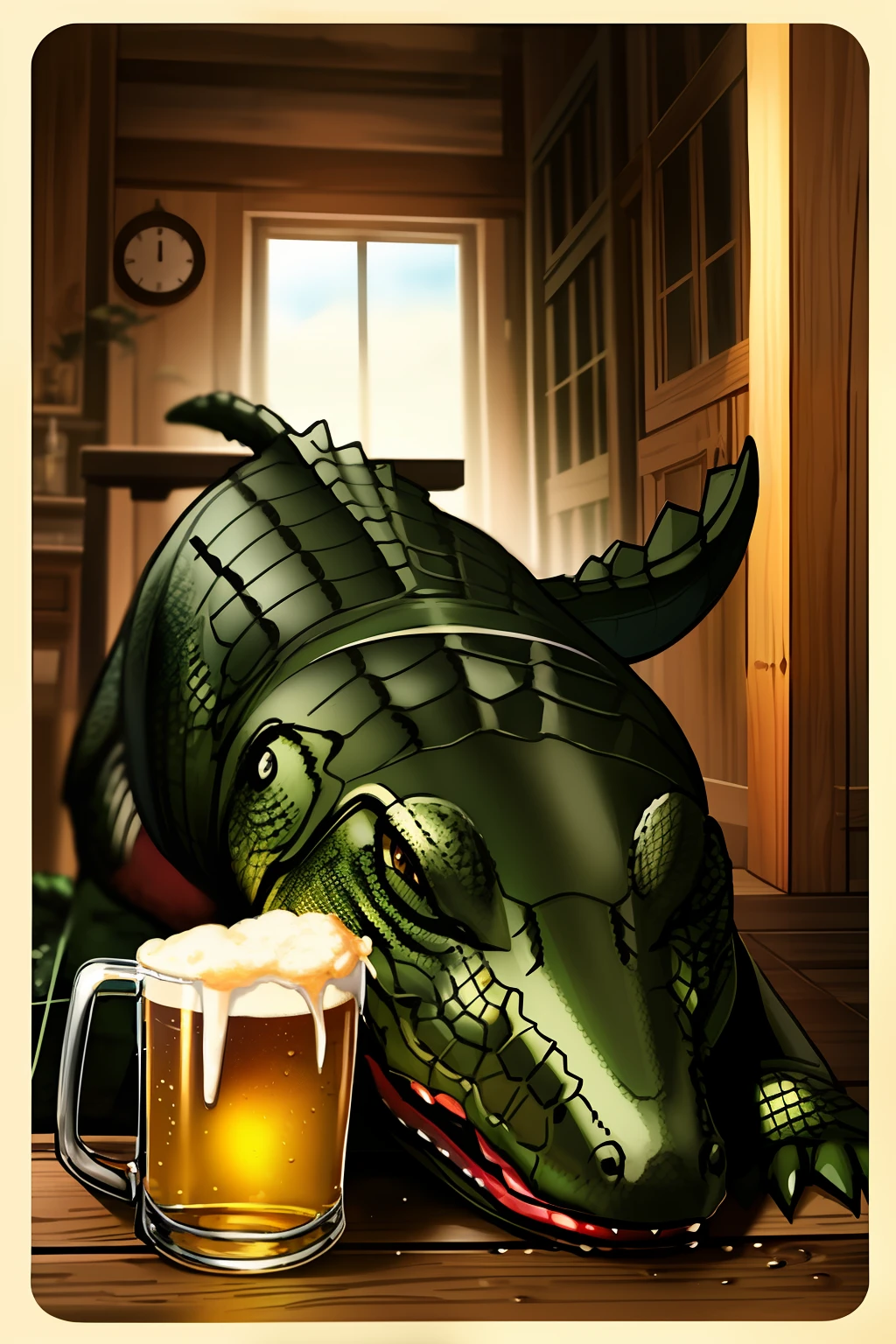 Alligator drinking beer