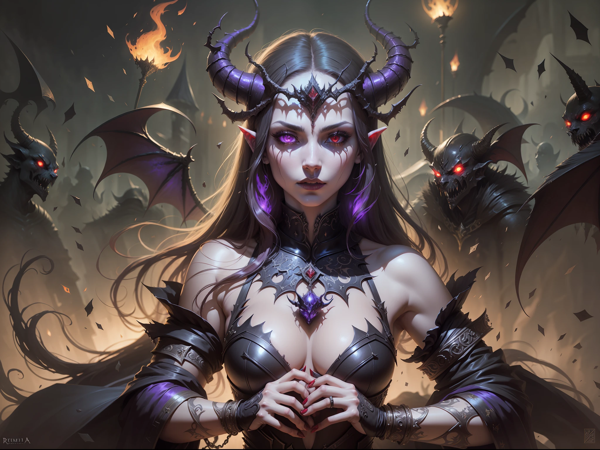 Demonic woman with horns and red eyes standing in front of a group of demonic creatures, succubus, Beautiful succubus, Hermosa y elegante reina demonio, Demonio, succubus | medieval, dark fantasy style art, Reina de la Oscuridad, Reina del infierno, dark fantasy art, in style of dark fantasy art, Reina del inframundo, Diablo 4 Lilith, Fantasy Dark Art, Army of Demons