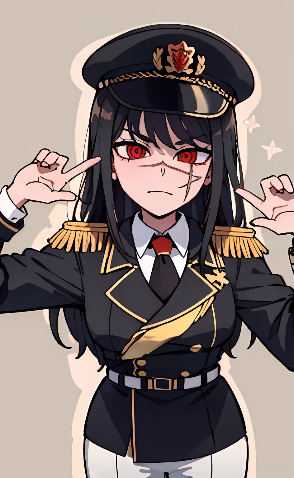 (masterpiece, best quality: 1.2), Solo, 1girl, Yoru \(Chainsaw Man\), looking at the viewer, different poses, red eye, long hair, completely black hair, reference to clothing of a German WWII general, black long sleeves (best quality), scar on face, beautiful eyes, has only 2 arms, has war medals on his clothes,  Black Military Cap, Golden Eagle Medal on Clothing, (Wallpaper), (8K HD), (8K HD), Golden Shoulder Pads, Sprites, 1 Single Design (obra maestra, mejor calidad: 1.2), Solo, 1girl, Yoru \(Chainsaw Man\), mirando al espectador, sonrisa, MALVADA, diferentes poses, ojo rojos, cabello largo, cabello completamente ?????, reference to clothing of a German general from World War II, mangas largas negras (mejor calidad), cicatriz en la cara, hermosos ojos, tiene solo 2 brazos, tiene medallas de guerra en su ropa, Gorra militar negra, Golden Eagle Medal in Dress, (fondo de pantalla), (8K HD), (8K HD), hombreras doradas, sprites, 1 single design