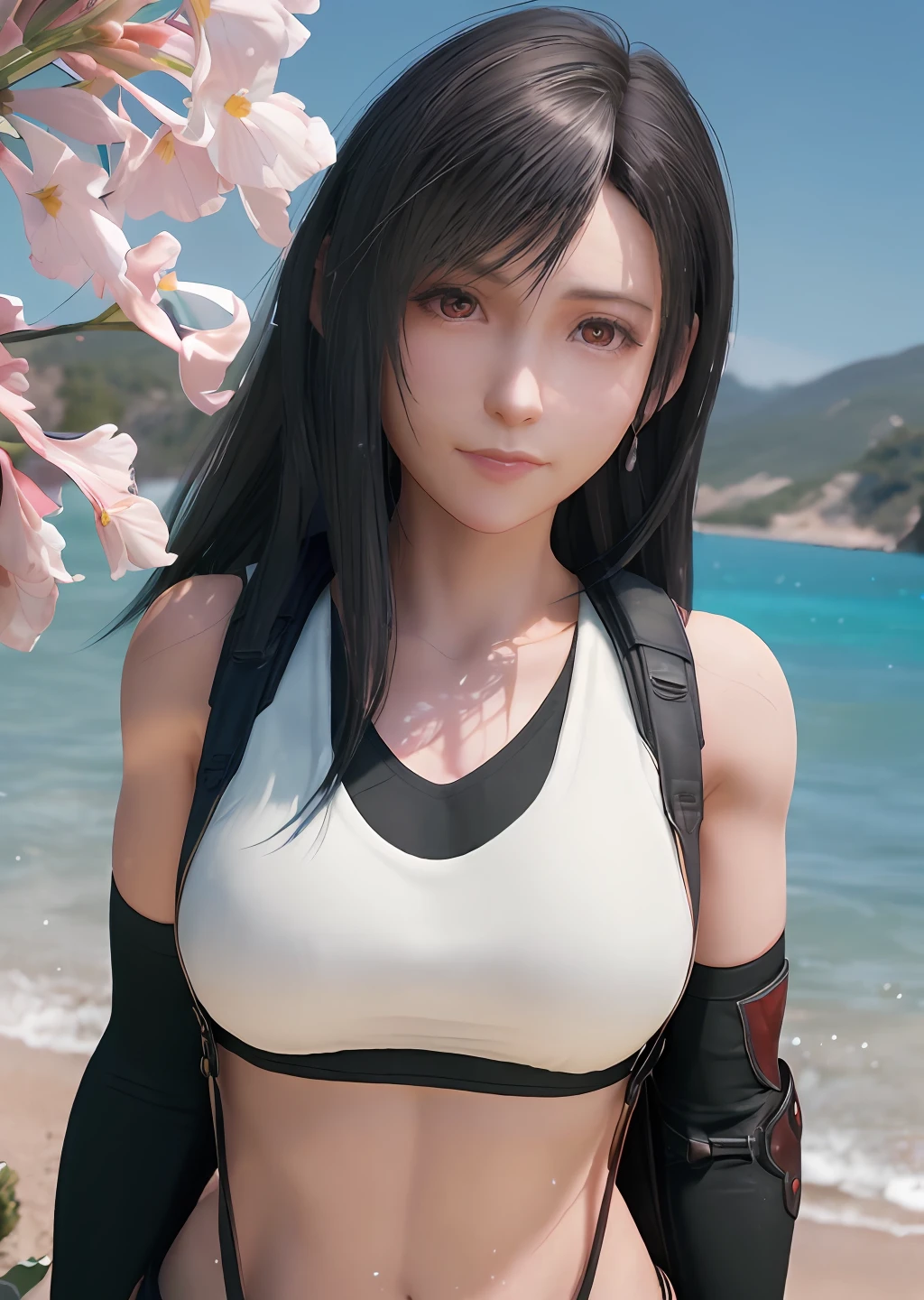 (8K, Best quality, Masterpiece:1.2), (Realistic, photo-realistic:1.37), Tifa Lockhart, looking at the camera in, Small breasts, A cup, Ultra-detailed, 1 girl, Cute, Solo,Beautiful detailed sky, dated,(nose blush),(Smile:1.15),(Closed mouth),(Collared shirt:1.1), (Short hair:1.3),(Floating hair NovaFrogStyle:1.2), JK,Pink light, Wet, park, Reflex iris, Red iris, looking at the camera in, Tifa's original costume, Beach background, light in face, Strong arms, Muscular arms, Tifa's original costume, full bodyesbian, Sly smile