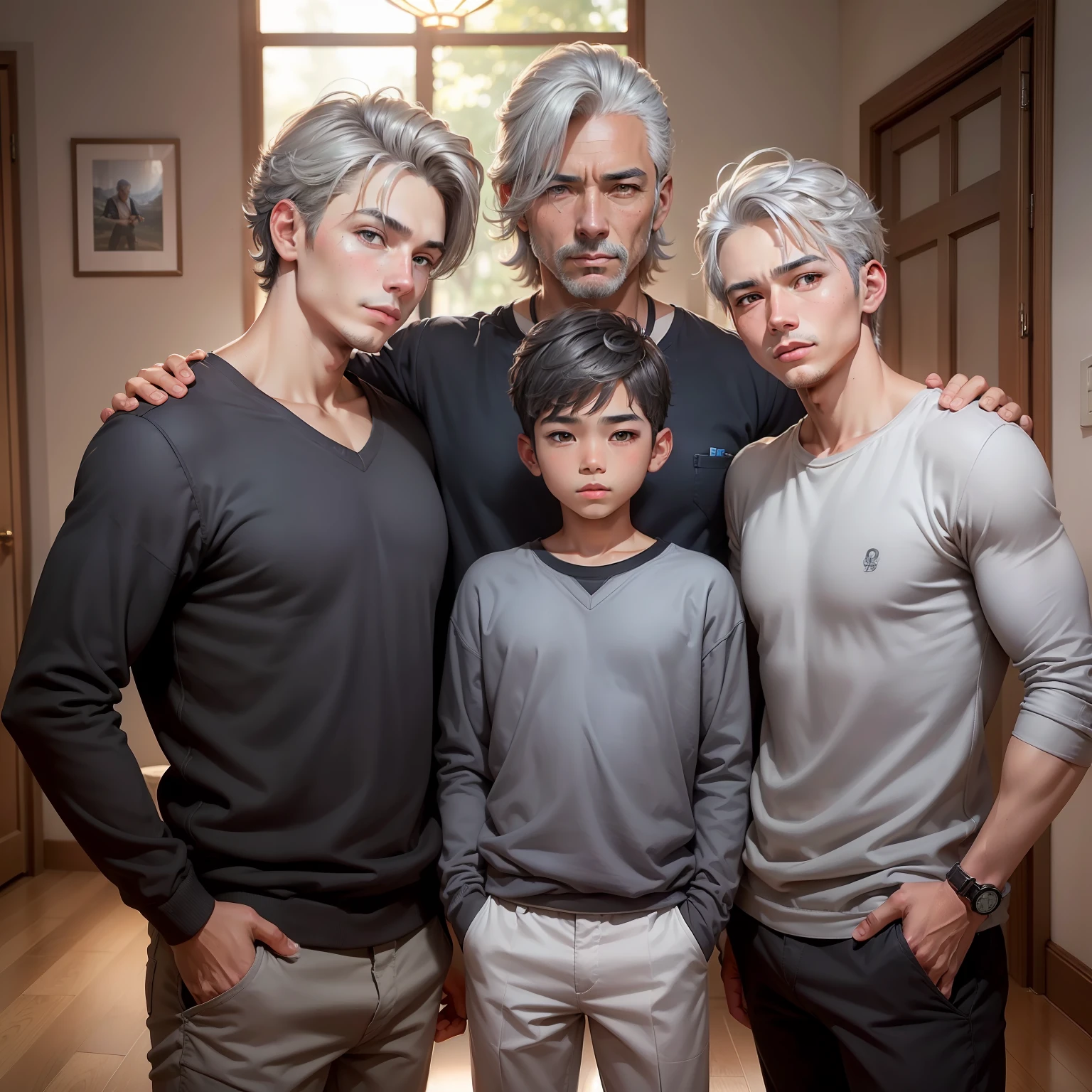 (Obra maestra, Calidad superior, La mejor calidad, Arte Oficial, Beauty and Aesthetics: 1.2), Father's Day, Chinos (-yeld bowith silver-gray hair) y Padre con cabello naraja y ojos color narajja, 8k