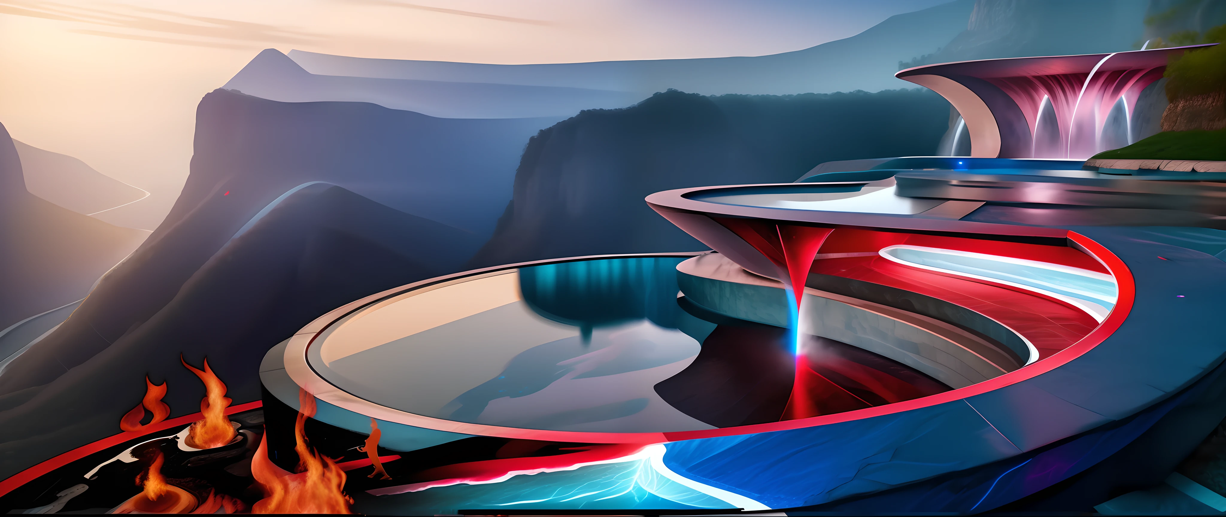 Draw a waterfall,(fire and ice),Blue and red,The is very detailed,Epic, Surreal 8K landscape, a portal to the lost flame realm, 4k vertical wallpaper, smelting pit'beeple