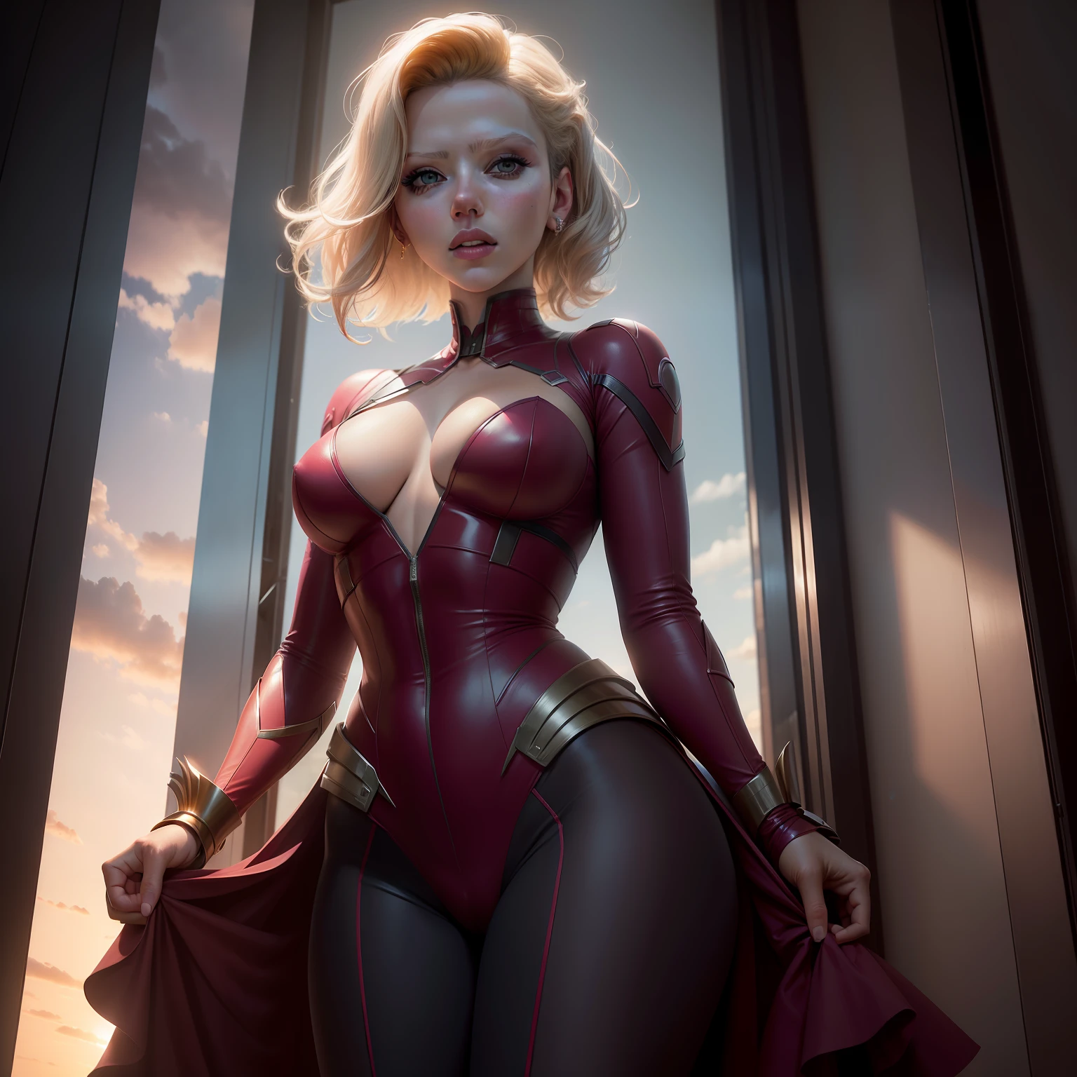Scarlett Johansson, beleza, traje super girl, foto de corpo inteiro, figura proeminente, Standing on the edge of a skyscraper, foto (Obra-prima) (Melhor qualidade) (detalhe) (8K) (HD) (Papel de parede) (cinematic lighthing) (foco nítido) (Intrincado)