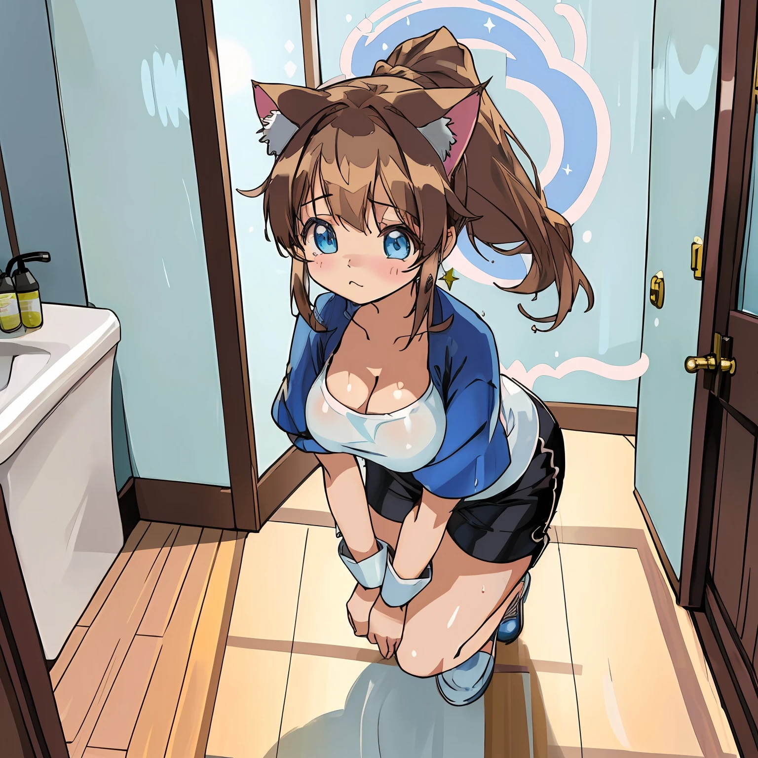 (Highly detailed CG Unity 8k wallpaper), (Best Quality), (Super Detail), (Best Illustration), (Best Shadow), POV, Realistic lighting and shading, Natural light, Lens flare effect, BREAK, 1 beautiful girl, Solo,(Cute:1.5),(Chibi:0.8), (kawaii:1.5),(Lori:0.5), BREAK,  ( (17 years old girl), Very detailed, colourfull, highest details, BREAK, (Huge breasts: 1. 2,), Clear skin, Beautiful skin, Shy skin, 1 beautiful girl, Brown hair, (Cat ears, Ponytail, medium-Long hair: 1. 2), (Light blue eyes, long eyelashes, Double eyelids: 1. 2), Solo,  gleaming skin, BREAK,(Black shorts,Pichi Pichi:1.2), (shortsleeves, Wet white t-shirt,Wet,no-bra:1.2),  (star-shaped earring:1.1), (Lace headband:1.0), (Cute Accessories:1.3), (My chest is being rubbed,I'm surprised:1.1), (crouching down,Slouched:1.3), Touch your chest with both hands, (Angle from above,Emphasizes cleavage:1.1), BREAK, (Caregiver:1.2),(Facilities for the elderly,Entrance to the bathroom,Day Service,Large dressing room:1.5),(Multiple male elderly people undressed)