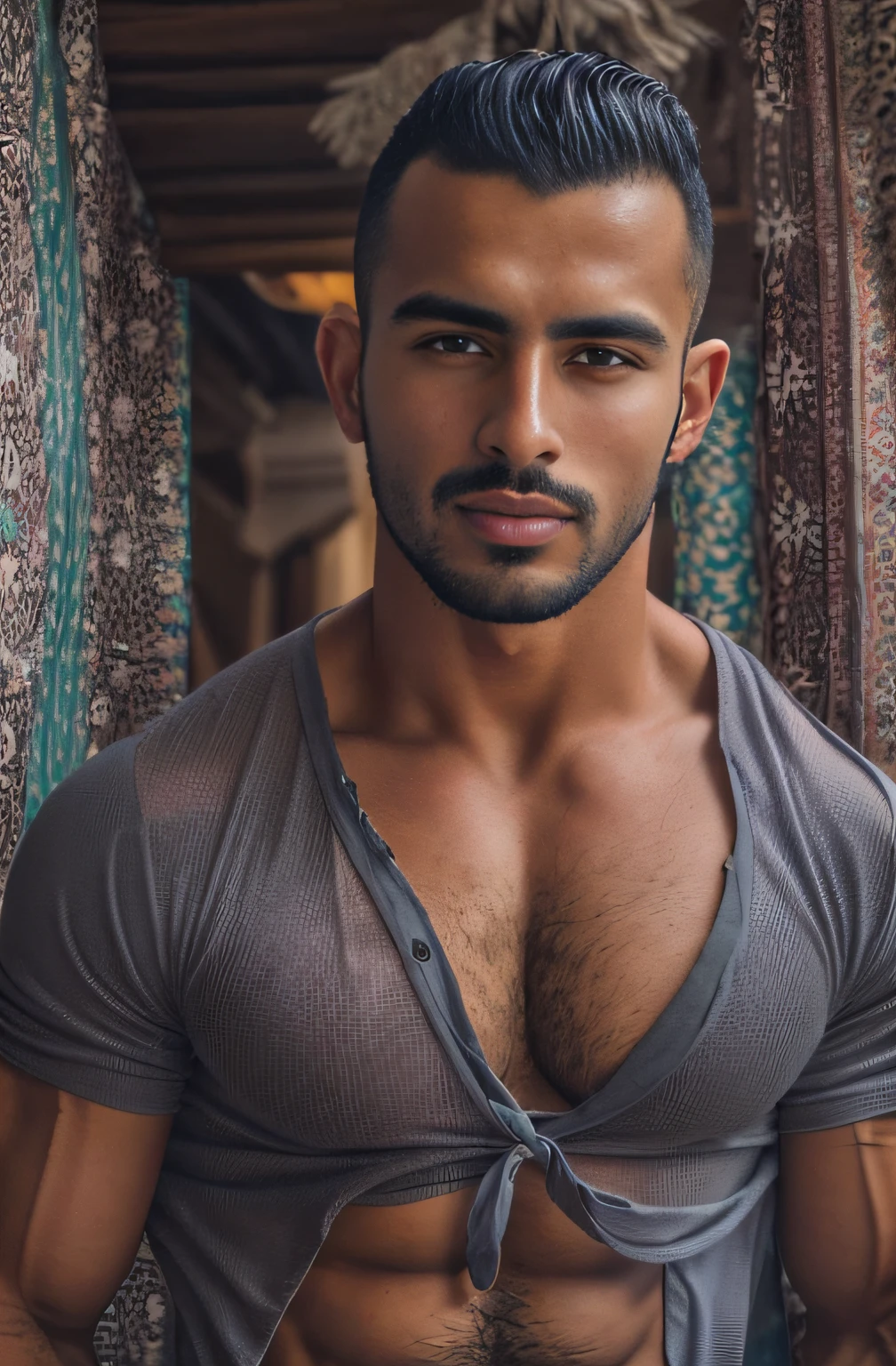 (Portrait of Moroccan guy), muscles, dimples, steamy, tearing off shirt, ripped holy jeans, sexy, alluring, gorgeous eyes, pubic hair, big bulge, rubbing crotch,