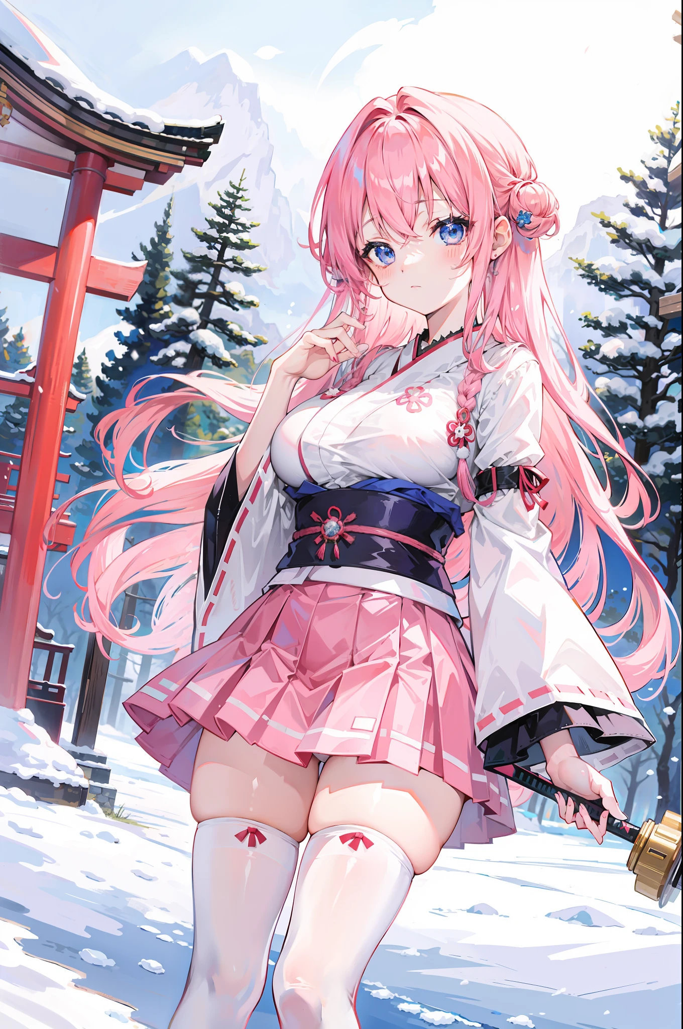 Pink hair,,anime big breast,4K,long whitr hair,Blue eyes,SakuraNS,Shrines,shrine maiden clothe,short skirt, white stockings,Ice and snow
