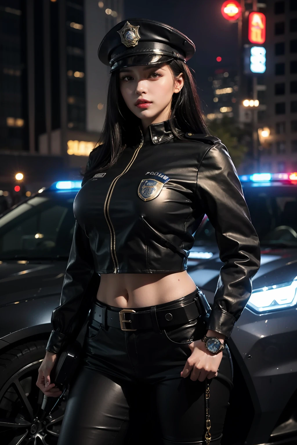Highest image quality,Outstanding details,超高分辨率,one-girl,mechs,She wears a sexy police uniform,Holding a gun in both hands,Robust body,Sexy and robust,Detailed abs,Detailed muscle lines,dynamicposes,the night,Future city street view background,neonlight,sense of science and technology,future-tech,Very detailed cyberpunk style,cyber punk perssonage,Highly detailed police uniforms,Highly detailed police cap,Police badge,wear police cap,Highly detailed guns,Highly detailed Bluetooth headset,intercom,Wireless devices,Highly detailed handcuffs,Highly detailed police equipment,Highly detailed police car,frontage,Full body photo,Look from the bottom up,look from down, looki at viewer