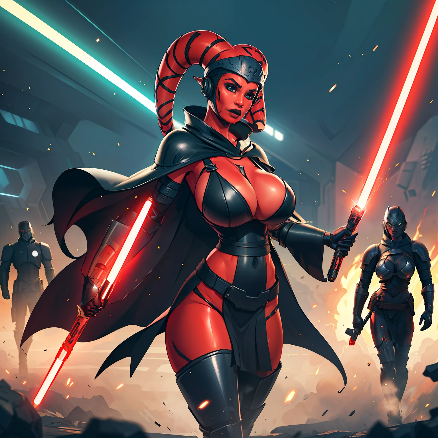 action scene, lightsaber fighting, lasers, explosions, fire, motion lines, depth of field, masterpiece, best quality, high-definition, armor, busty, ((red skin), twi'lek), dual red lightsabers, evil space knight, space ninja, (wearing black robes, black stealth armor, breastplate, tunic, tabard, cowl, cloak, body glove, straps, buckles, skirts, long sleeves, fantasy, ((armor))), ((busty), slender body, thin, slim sexy body, slim waist, (((huge breasts, gigantic breasts)))), Imperial starship, Star Wars,