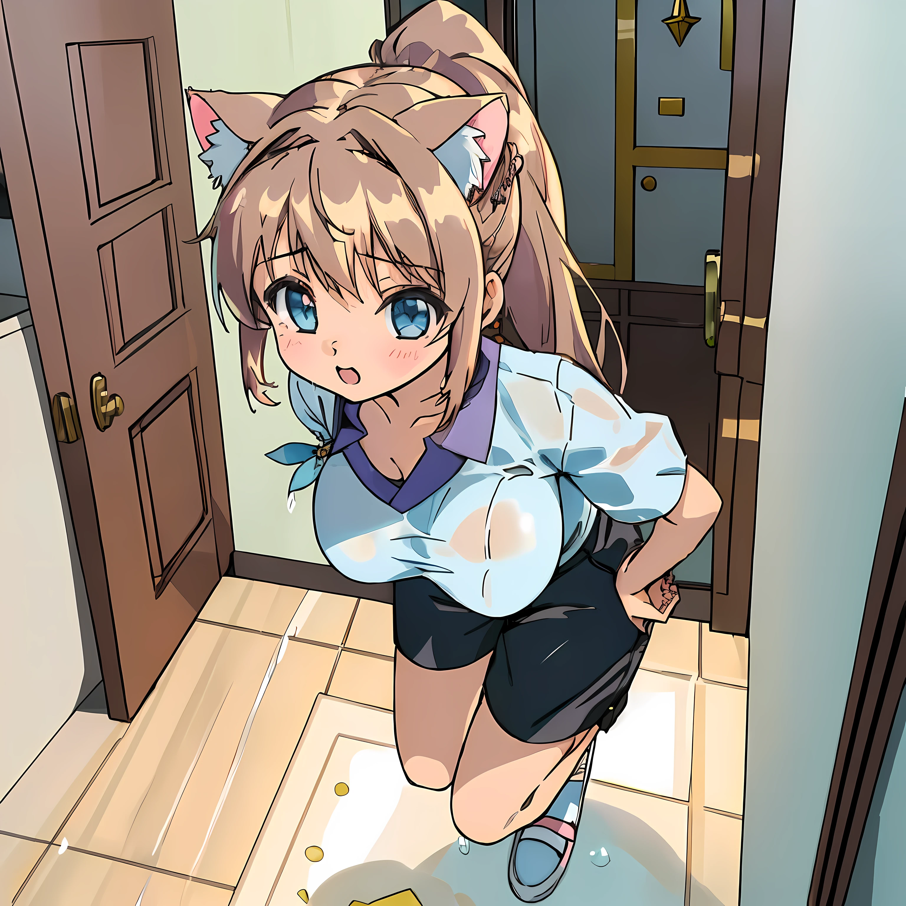 (Highly detailed CG Unity 8k wallpaper), (Best Quality), (Super Detail), (Best Illustration), (Best Shadow), POV, Realistic lighting and shading, Natural light, Lens flare effect, BREAK, 1 beautiful girl, Solo,(Cute:1.5),(Chibi:0.8), (kawaii:1.5),(Lori:0.5), BREAK,  ( (17 years old girl), Very detailed, colourfull, highest details, BREAK, (Huge breasts: 1. 2,), Clear skin, Beautiful skin, Shy skin, 1 beautiful girl, Brown hair, (Cat ears, Ponytail, medium-Long hair: 1. 2), (Light blue eyes, long eyelashes, Double eyelids: 1. 2), Solo,  gleaming skin, BREAK,(Black shorts,Pichi Pichi:1.2), (shortsleeves, Wet white t-shirt,Wet,no-bra:1.2),  (star-shaped earring:1.1), (Lace headband:1.0), (Cute Accessories:1.3), (My chest is being rubbed,I'm surprised:1.1), (crouching down,Slouched:1.3), Touch your chest with both hands, (Angle from above,Emphasizes cleavage:1.1), BREAK, (Caregiver:1.2),(Facilities for the elderly,Entrance to the bathroom,Day Service,in a house:1.5),(Multiple male elderly people undressed)