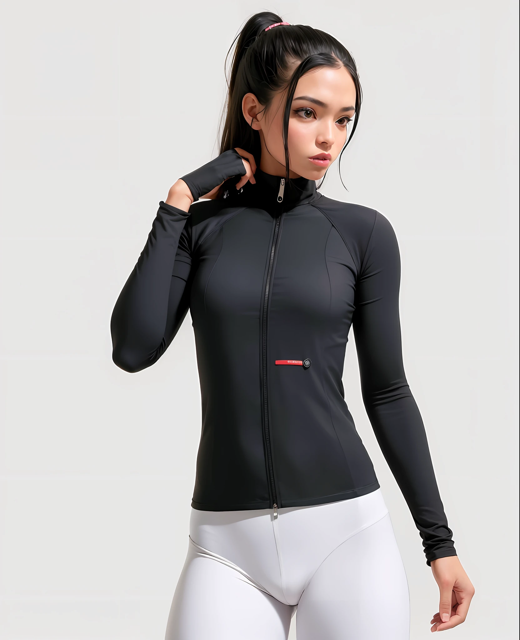 Uma mulher com uma jaqueta preta e leggings cinza posa para uma foto, roupas esportivas, roupas esportivas, jaqueta esportiva, suar, cinza escuro, suit jacket, EORA, delicioso, suado, corpo inteiro, corpo inteiro, detalhes elaborados, Detalhe excepcional, ebony-esque, " corpo inteiro, ornado, roupas detalhadas, corpo da serpente, encaixar, Escuro, Encaixe figura delicada