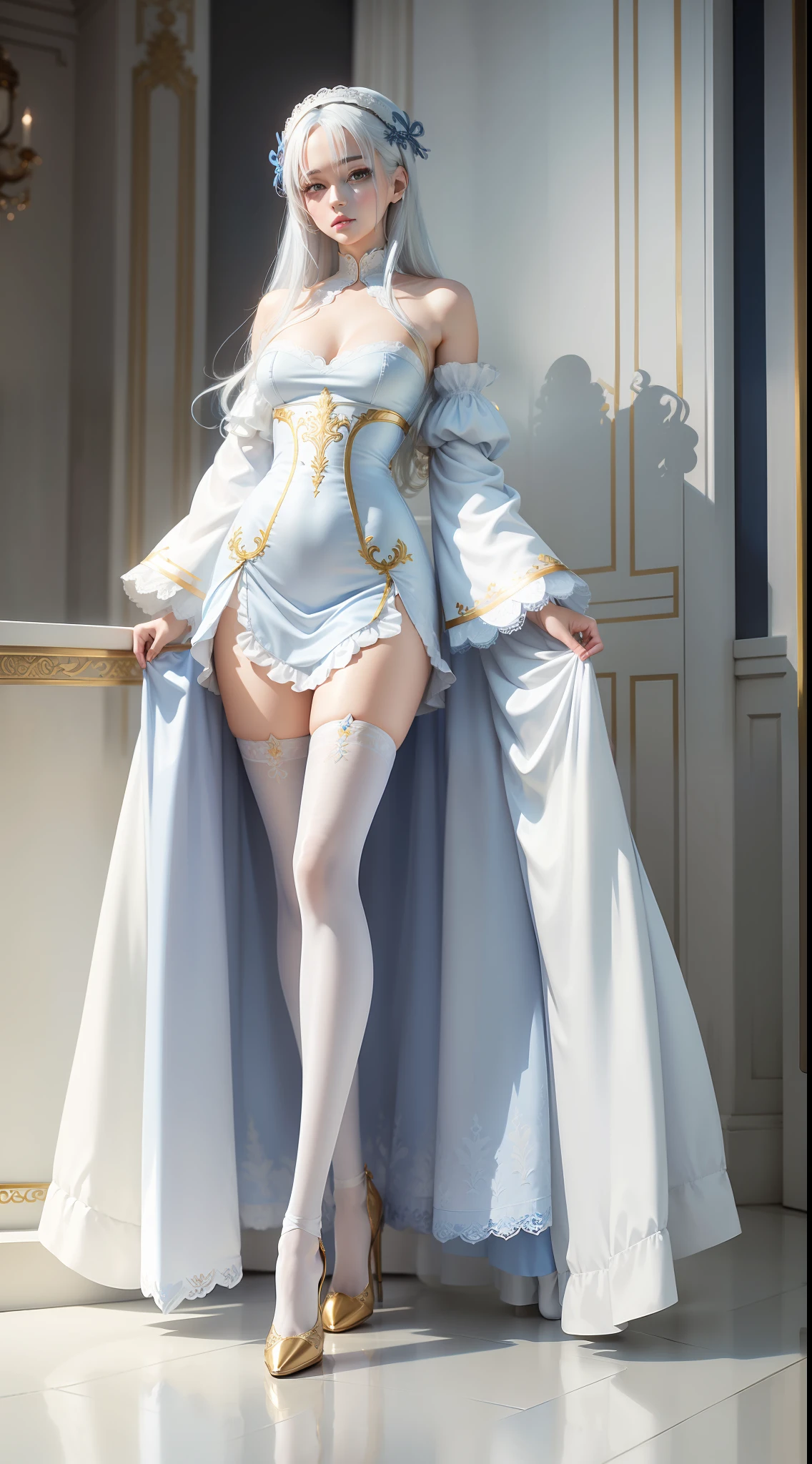 Blue-white hair,Blue and white dress pajamas,White stockings,Golden and white clothes,Long legs,lean legs,Affectionate look,A gentle woman,white Heels,gold filigree