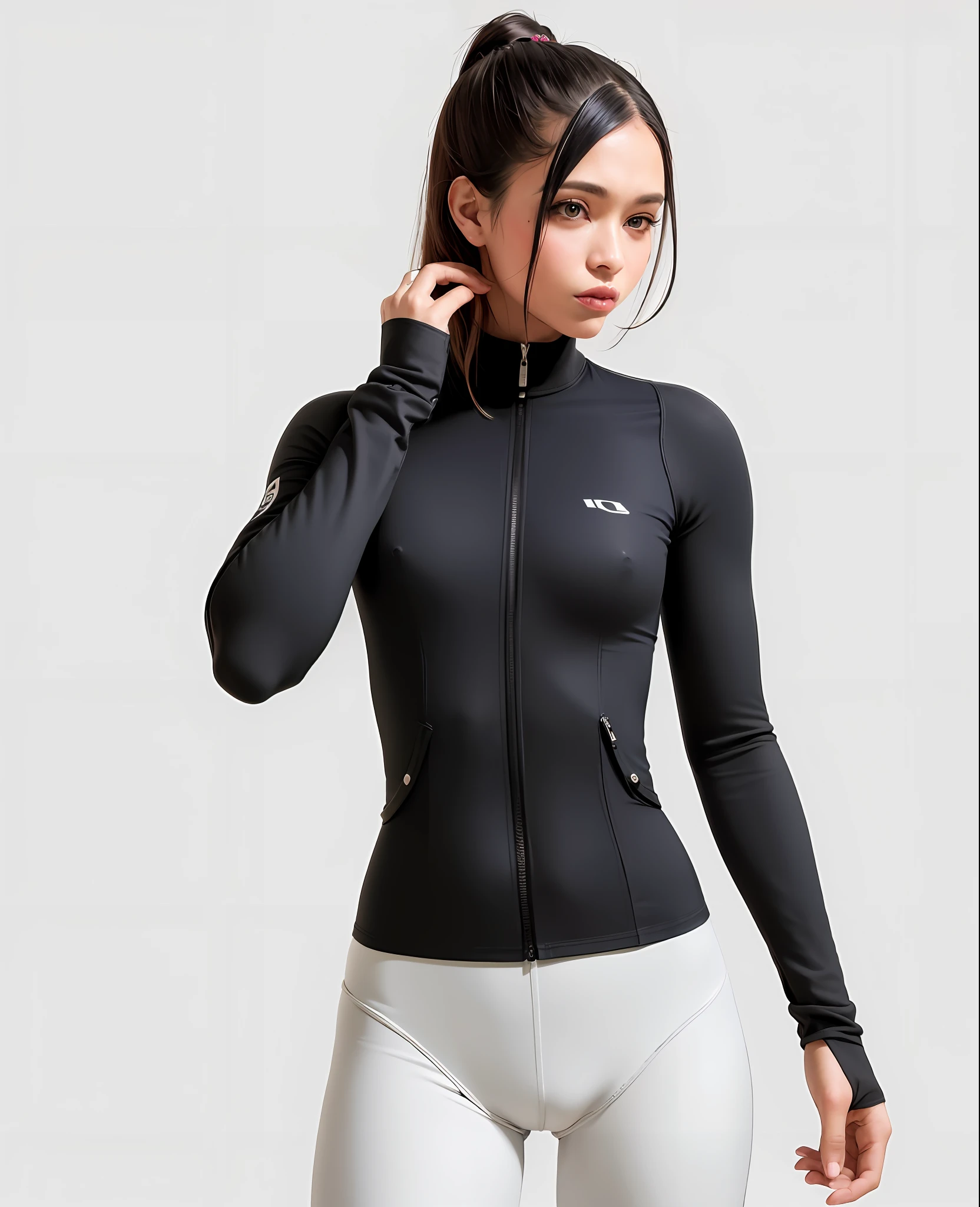 Uma mulher com uma jaqueta preta e leggings cinza posa para uma foto, roupas esportivas, roupas esportivas, jaqueta esportiva, suar, cinza escuro, suit jacket, EORA, delicioso, suado, corpo inteiro, corpo inteiro, detalhes elaborados, Detalhe excepcional, ebony-esque, " corpo inteiro, ornado, roupas detalhadas, corpo da serpente, encaixar, Escuro, Encaixe figura delicada