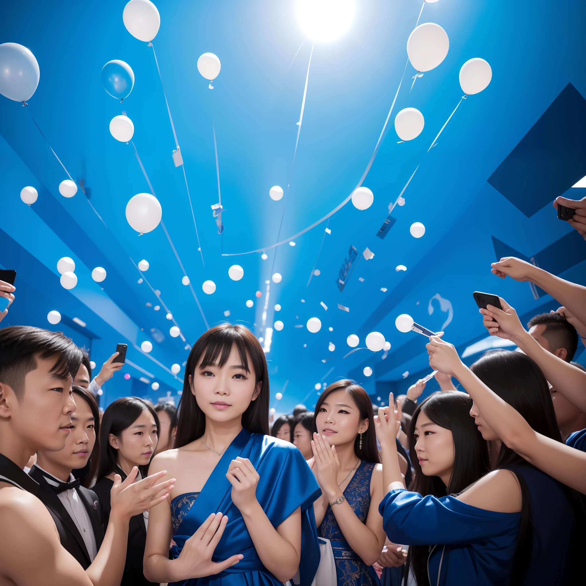 Best quality at best,8K分辨率,inside in room,In the daytime,Blue lights are bright,A big stage with many scenes for many people,Opening ceremony,Balloons and confetti in hand, mingchen shen, Mu chain, opening shot, identical, mu pan, author:Fumi, photo from 2022, image, lei min, masterpiece', merging, mscow, m, Master, exploitable image, Men, opening, blue backdrop, The distance is farther,“wide shot,Highly detailed facial and skin texture for everyone, Delicate eyes and facial features,Everyone looks at the camera,Light and shadow details