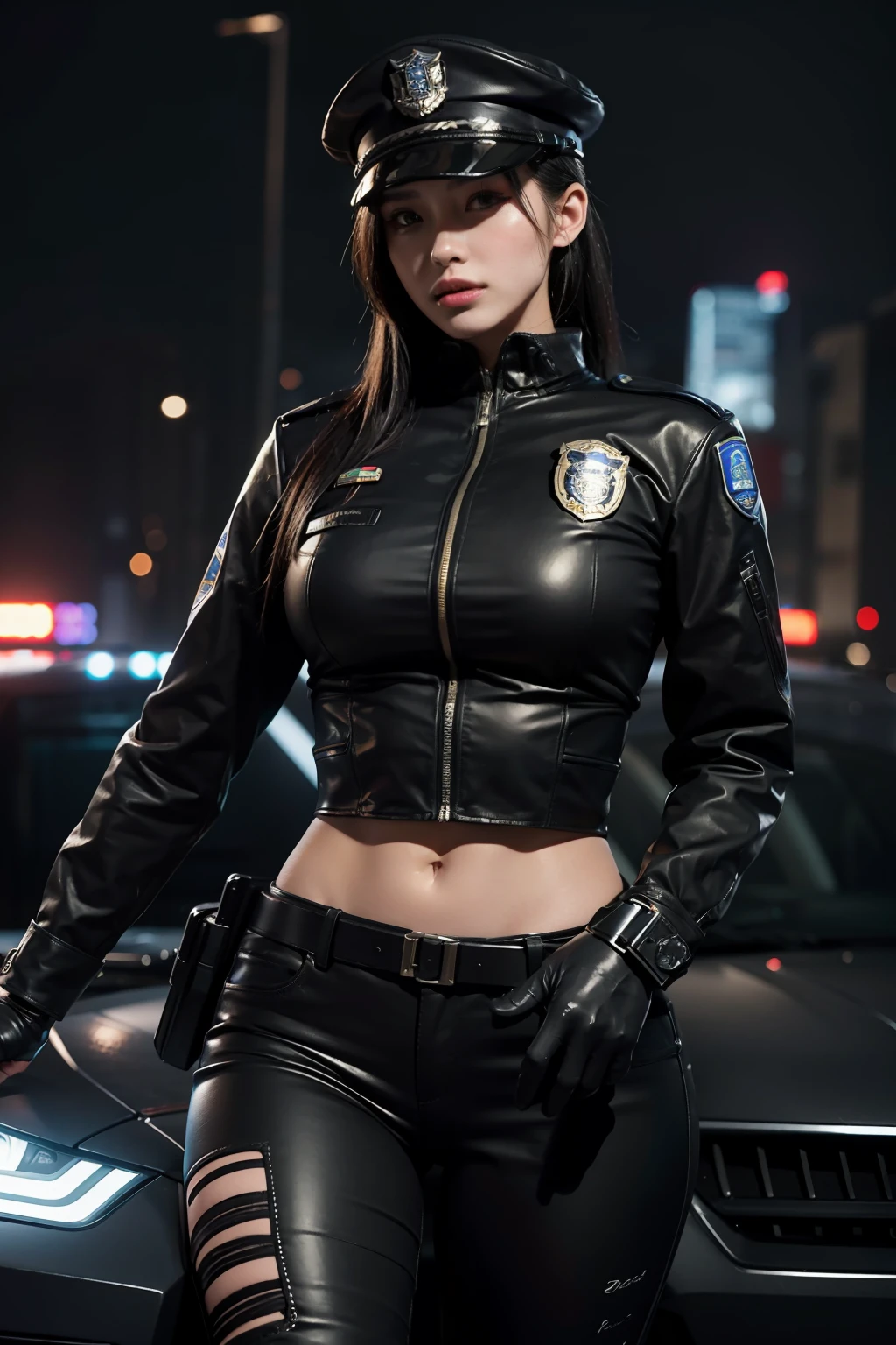Highest image quality,Outstanding details,超高分辨率,one-girl,mechs,She wears a sexy police uniform,Holding a gun in both hands,Robust body,Sexy and robust,Detailed abs,Detailed muscle lines,dynamicposes,the night,Future city street view background,neonlight,sense of science and technology,future-tech,Very detailed cyberpunk style,cyber punk perssonage,Highly detailed police uniforms,Highly detailed police cap,Police badge,wear police cap,Highly detailed guns,Highly detailed Bluetooth headset,intercom,Wireless devices,Highly detailed handcuffs,Highly detailed police equipment,Highly detailed police car,frontage,Full body photo,Look from the bottom up,look from down, looki at viewer