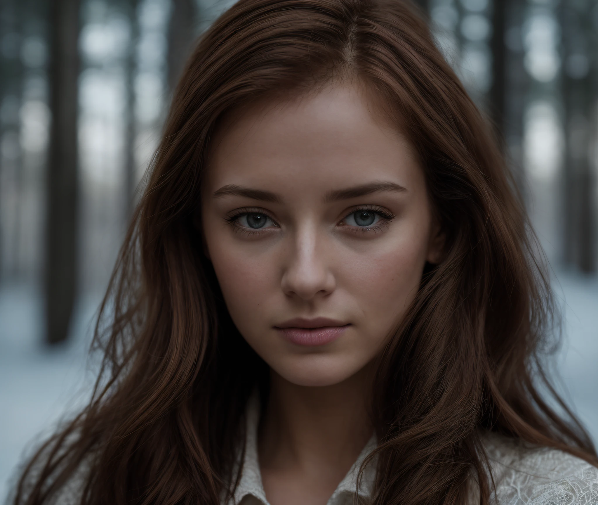 close up of a european woman, ginger hair, winter forest, natural skin texture, 24mm, 4k textures, soft cinematic light, RAW photo, photorealism, photorealistic, intricate, elegant, highly detailed, sharp focus, ((((cinematic look)))), soothing tones, insane details, intricate details, hyperdetailed, low contrast, soft cinematic light, dim colors, exposure blend, hdr, faded