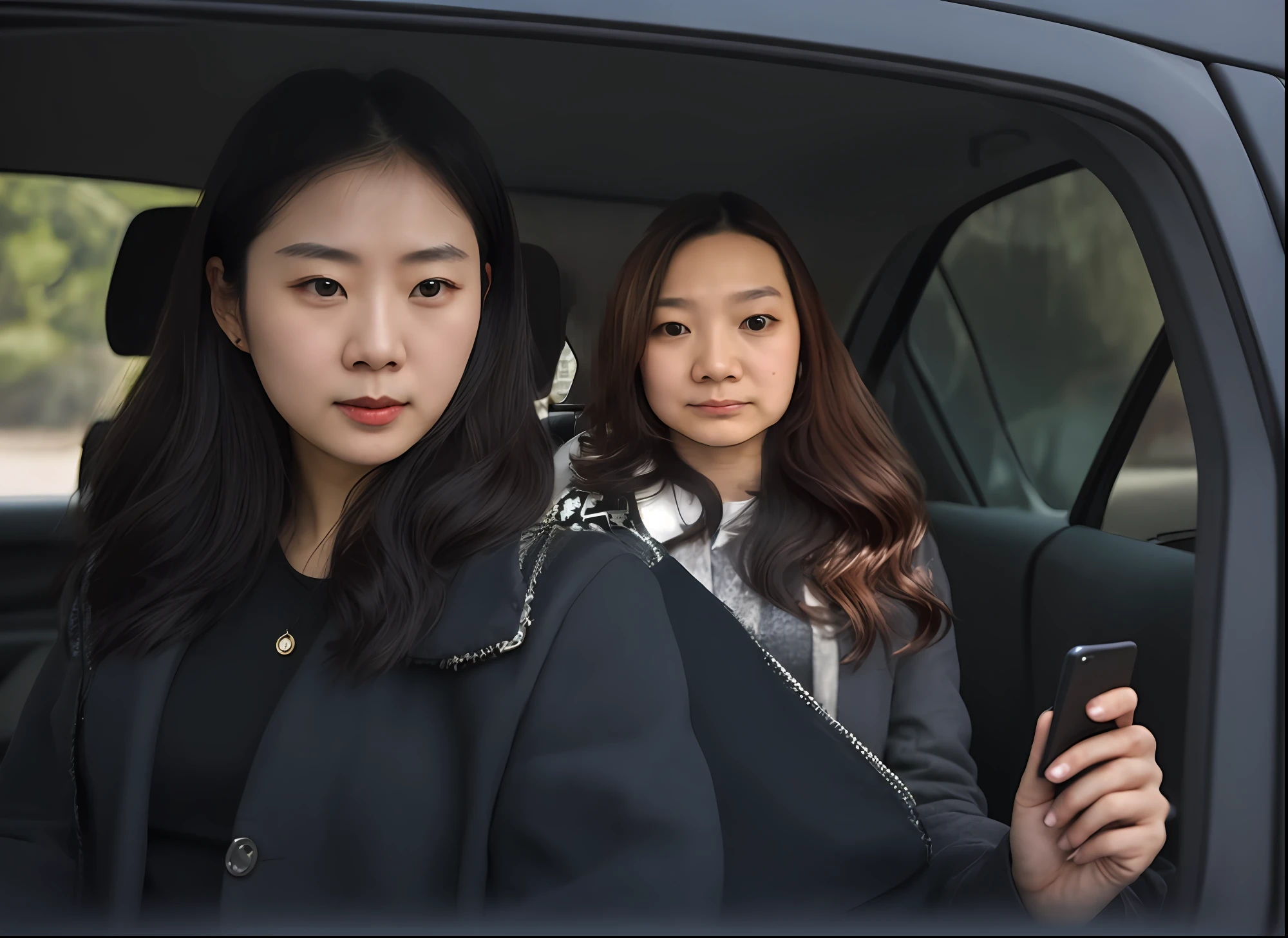 there is a woman sitting in a car with a cell phone, author li zhang, Face picture, Zhang Wanting, jeremy cheung, Face photo, Korean symmetrical face, Lin Qifeng, Gemma Chen, Asian face, A picture, taken in the early 2020s, gongbi, wenfei ye, lulu chen, Choi Hyun-hwa