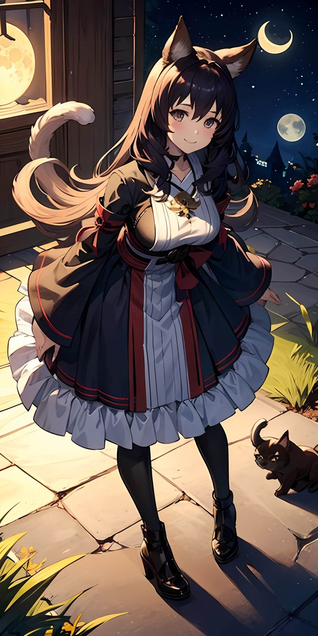 miko, 1 cute girl with cat ear and cat tail, granblue fantasy style, full_body, from_above, leaning_forward, girl,woman,female, young,20 years old, smile, large_breasts, night, moon,Master piece,Ultra quality