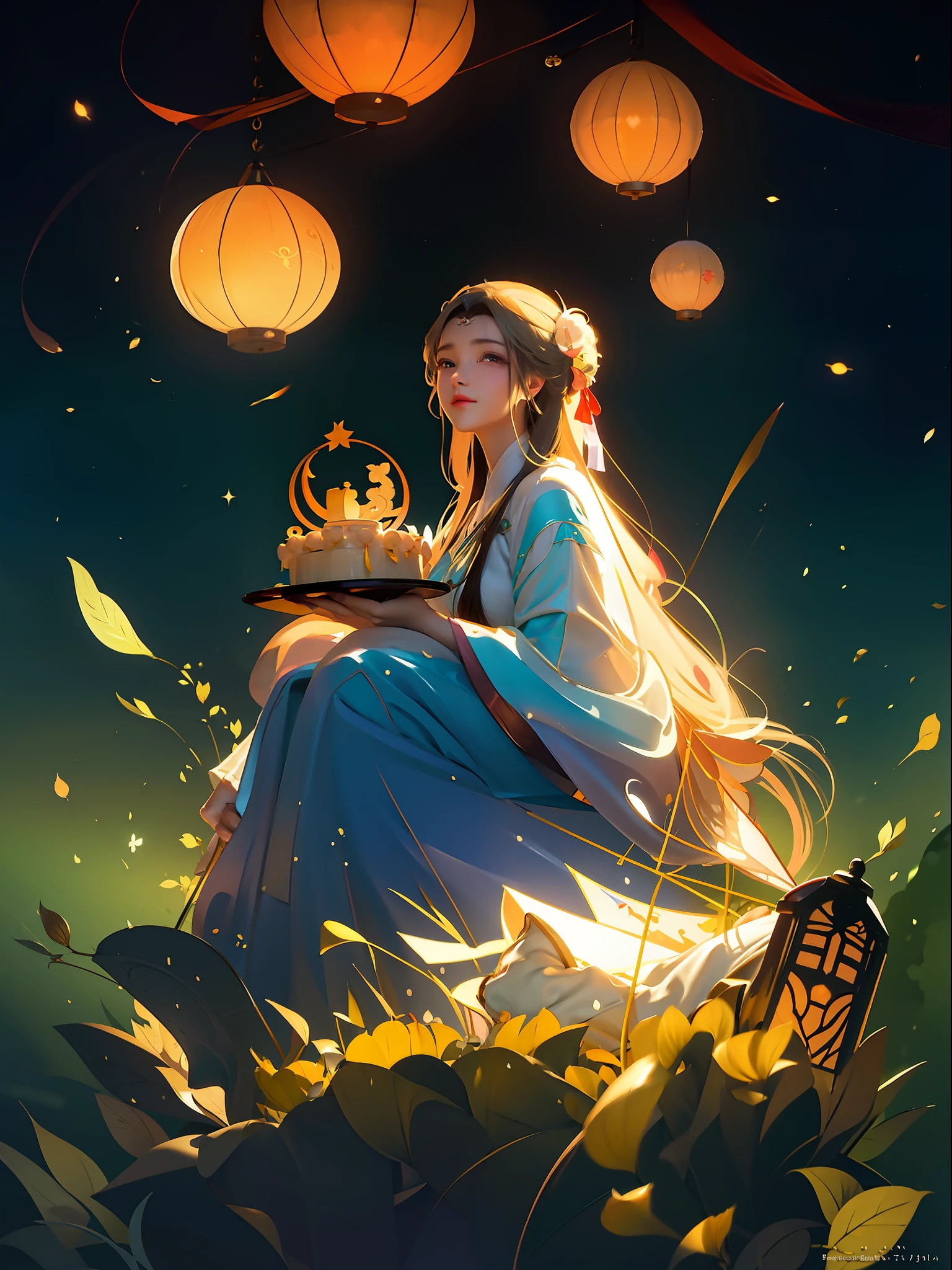 Anime girl sitting in field with cake and lantern, Palace ， A girl in Hanfu, Alphonse mucha and rossdraws, by Yang J, Guviz-style artwork, Beautiful digital illustration, Digital art on Pixiv, Artgerm and Atey Ghailan, A beautiful artwork illustration, Guweiz in Pixiv ArtStation