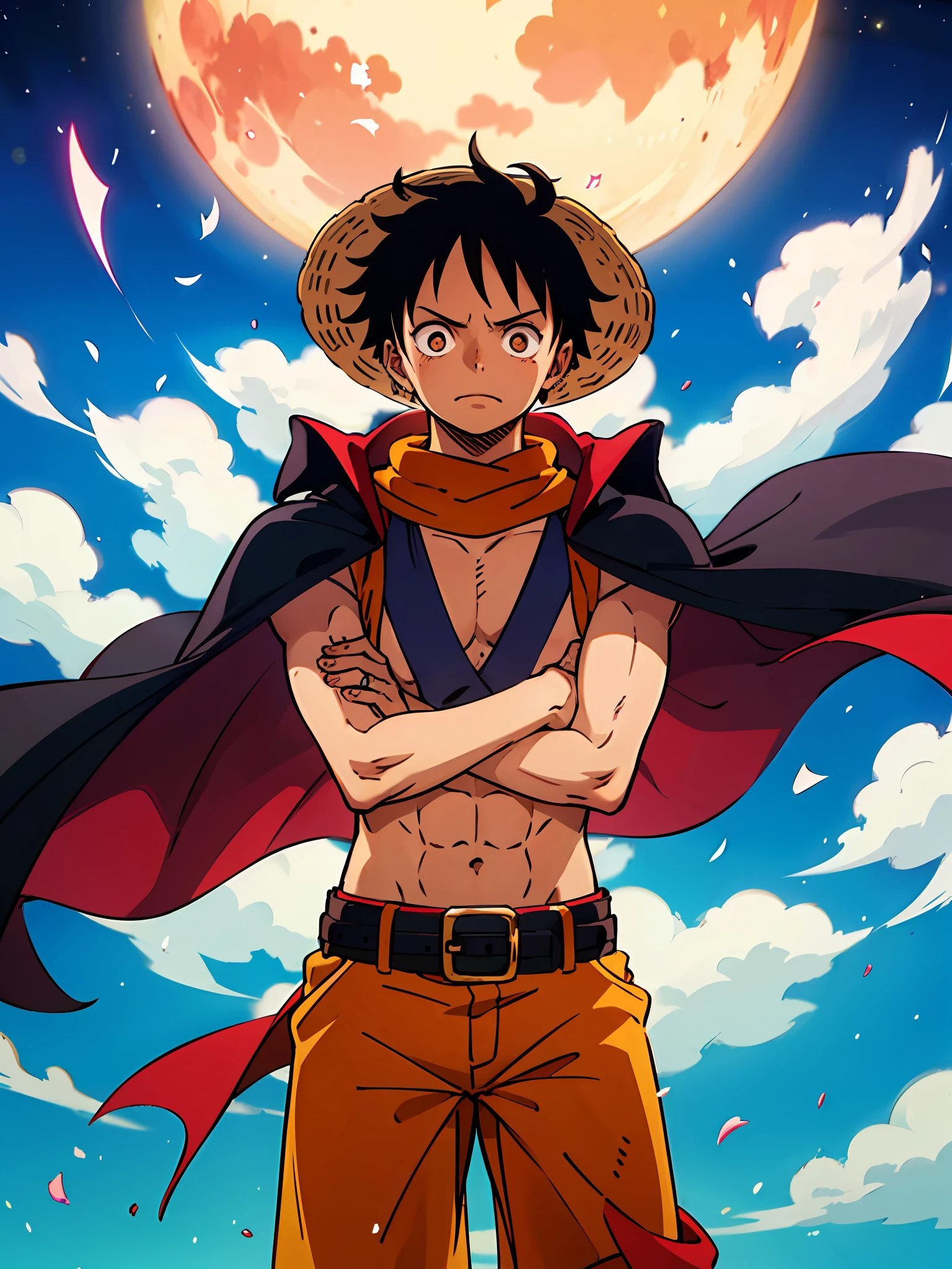 Personagem de anime parado num solo rochoso, straw hat and red open shirt, yellow scarf at waist, 1 , shorts pretos, olhos pretos, Black cape attached to the neck, Luffy de One Piece, Estilo Eiichiro Oda, in the nighttime, luz baixa, Luz Natural, pose de luta, roupas danificadas, pele danificada, Sky background with red full moon, luz baixa, raios de luz, Aura poder, particle floating, olhos zangados, rosto irritado, chateado, olhando para frente, Foco masculino, strong muscles, Closed hands, dedos bem formados, (8k muito detalhado), (melhor qualidade), (melhores sombras).