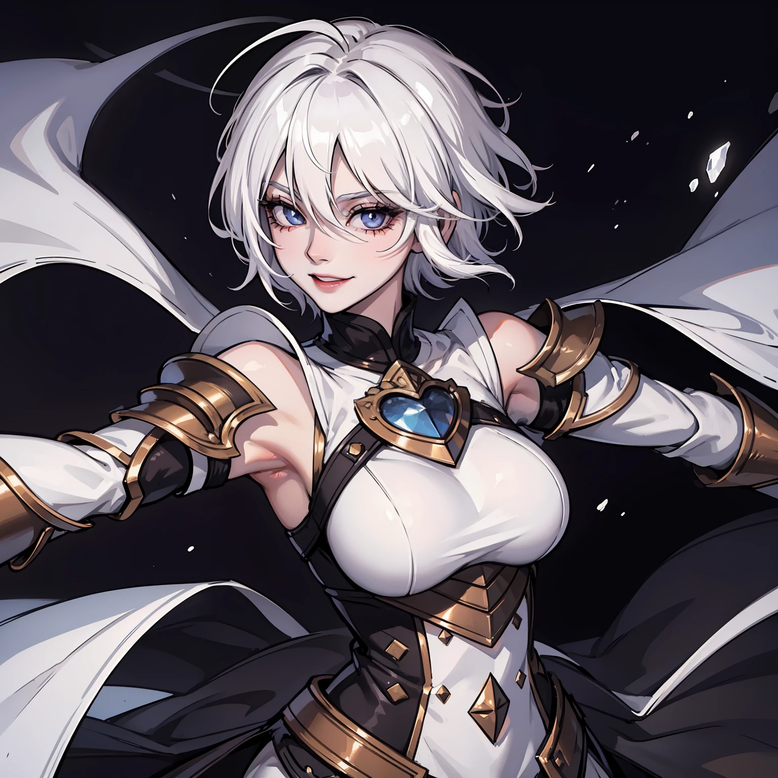 White hair, determined expression, short hair, dark lipstick, dynamic pose, looking at viewer, smiling, glossy skin, bright eyes,fantasy armor,nobility,harsh lighting,cheek stripes